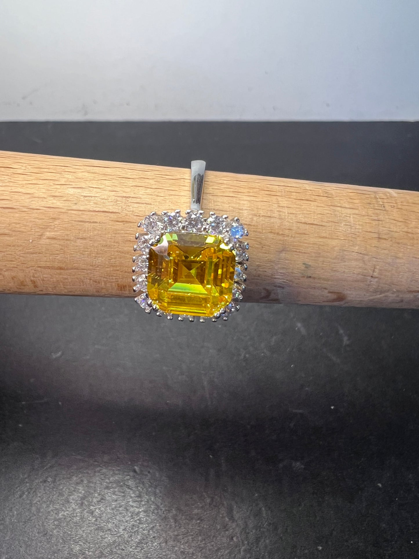 Yellow and white CZ sterling silver halo ring size 10