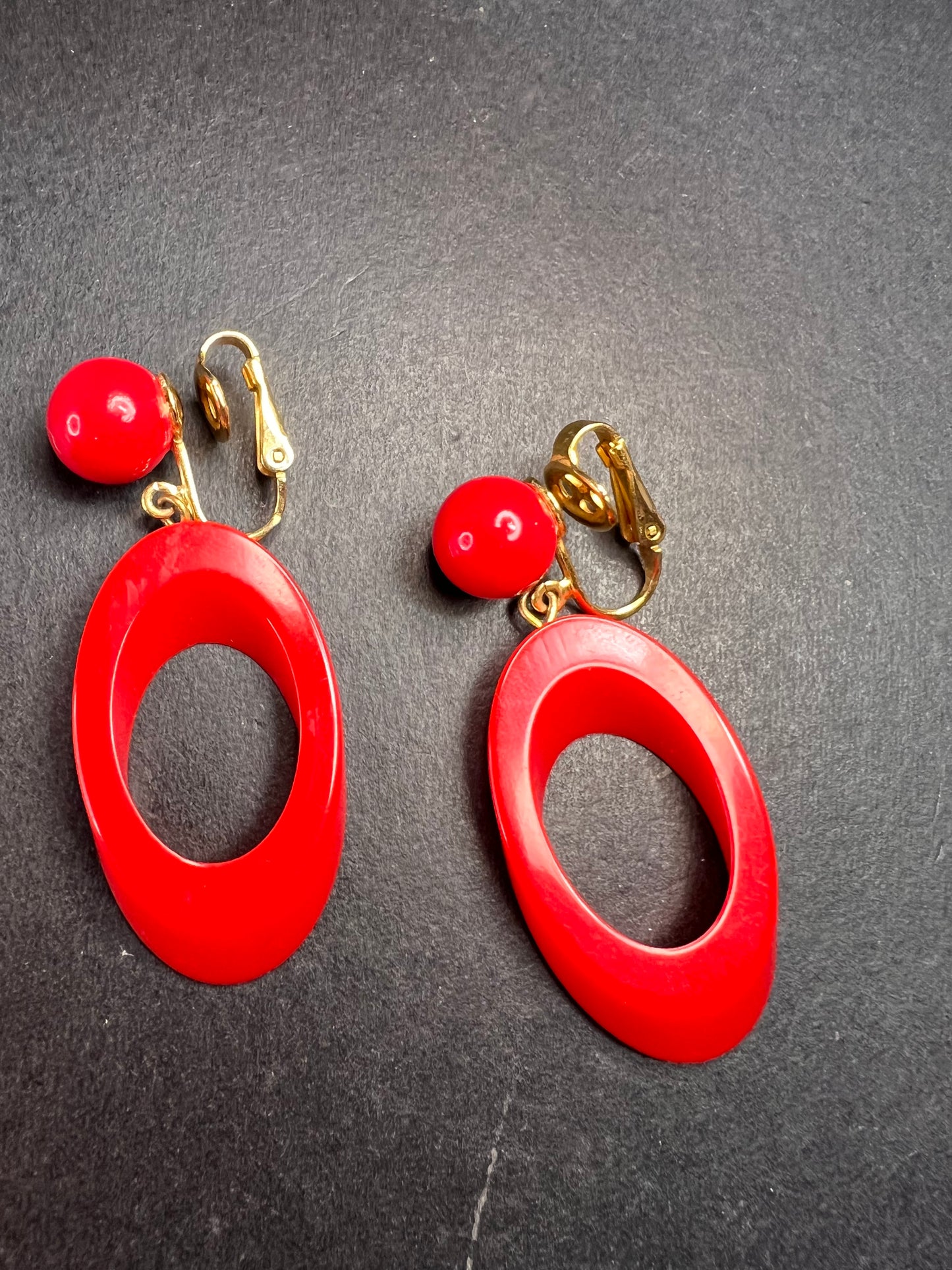 Vintage Trifari red lucite hoop clip on earrings