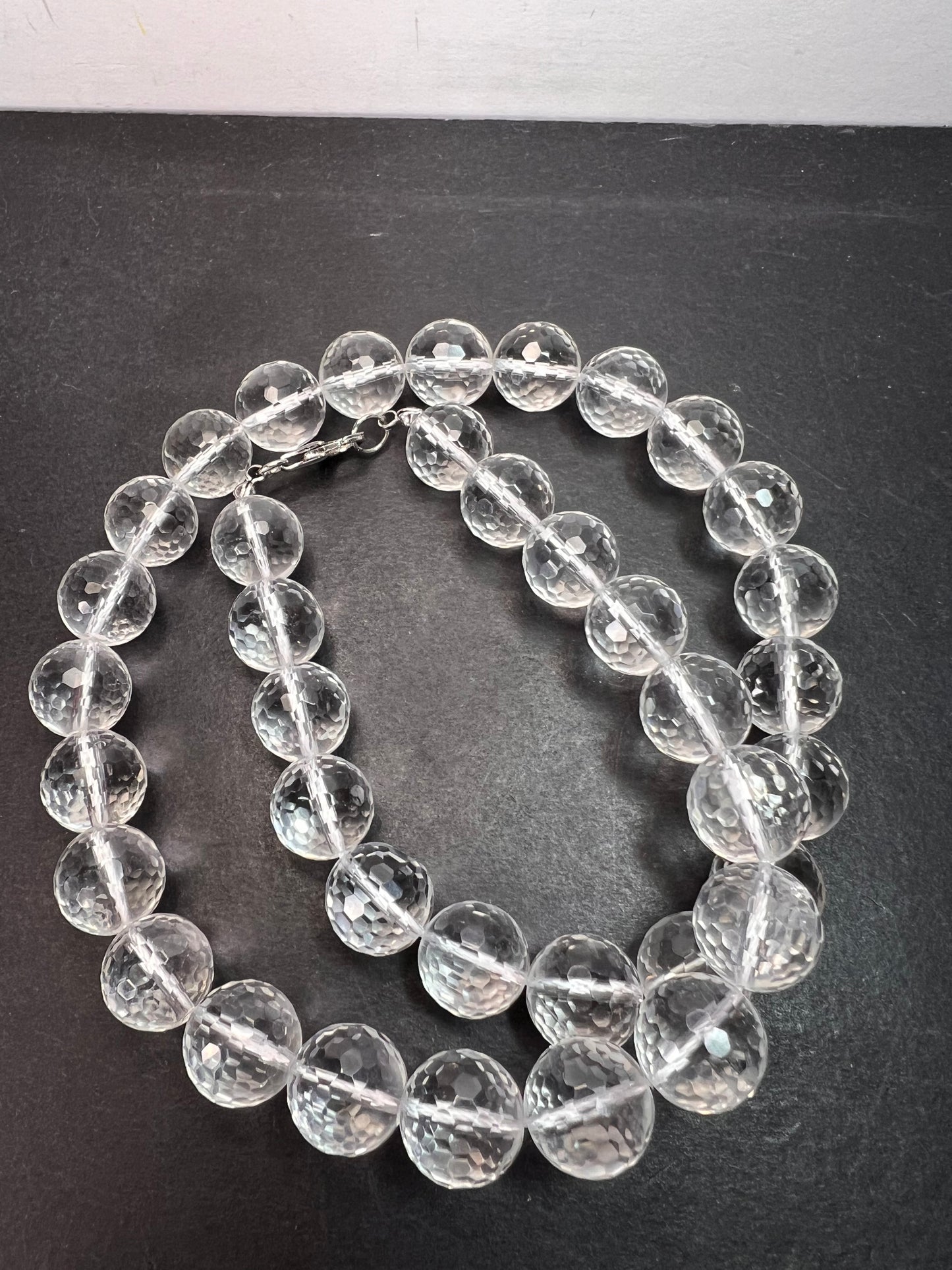 Clear faceted quartz beaded necklace with sterling silver clasp