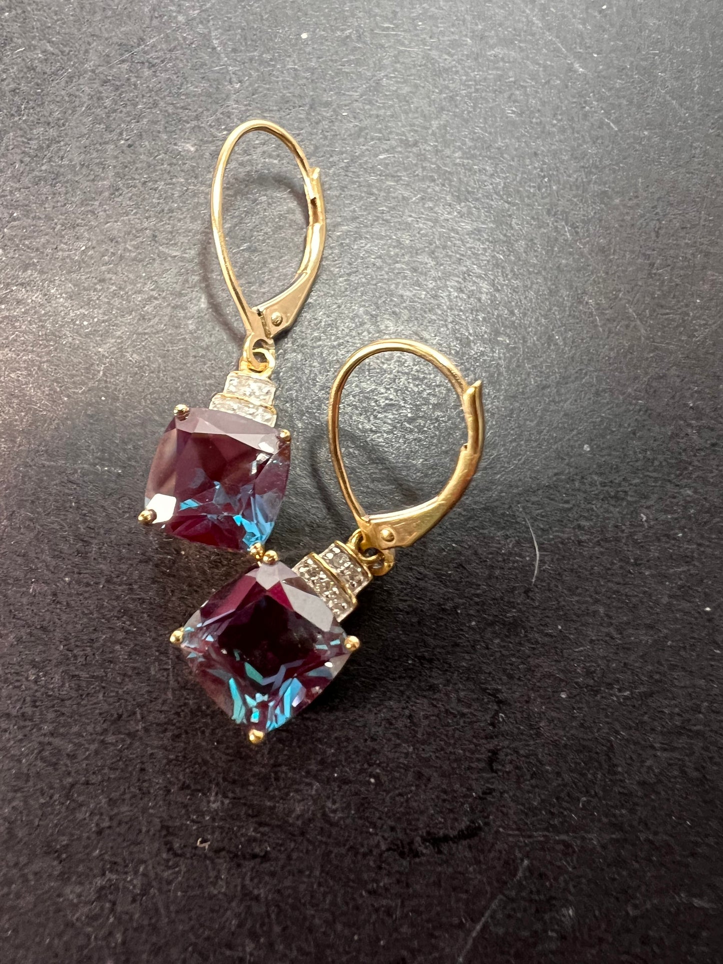 10k gold Lab alexandrite and diamond lever back earrings