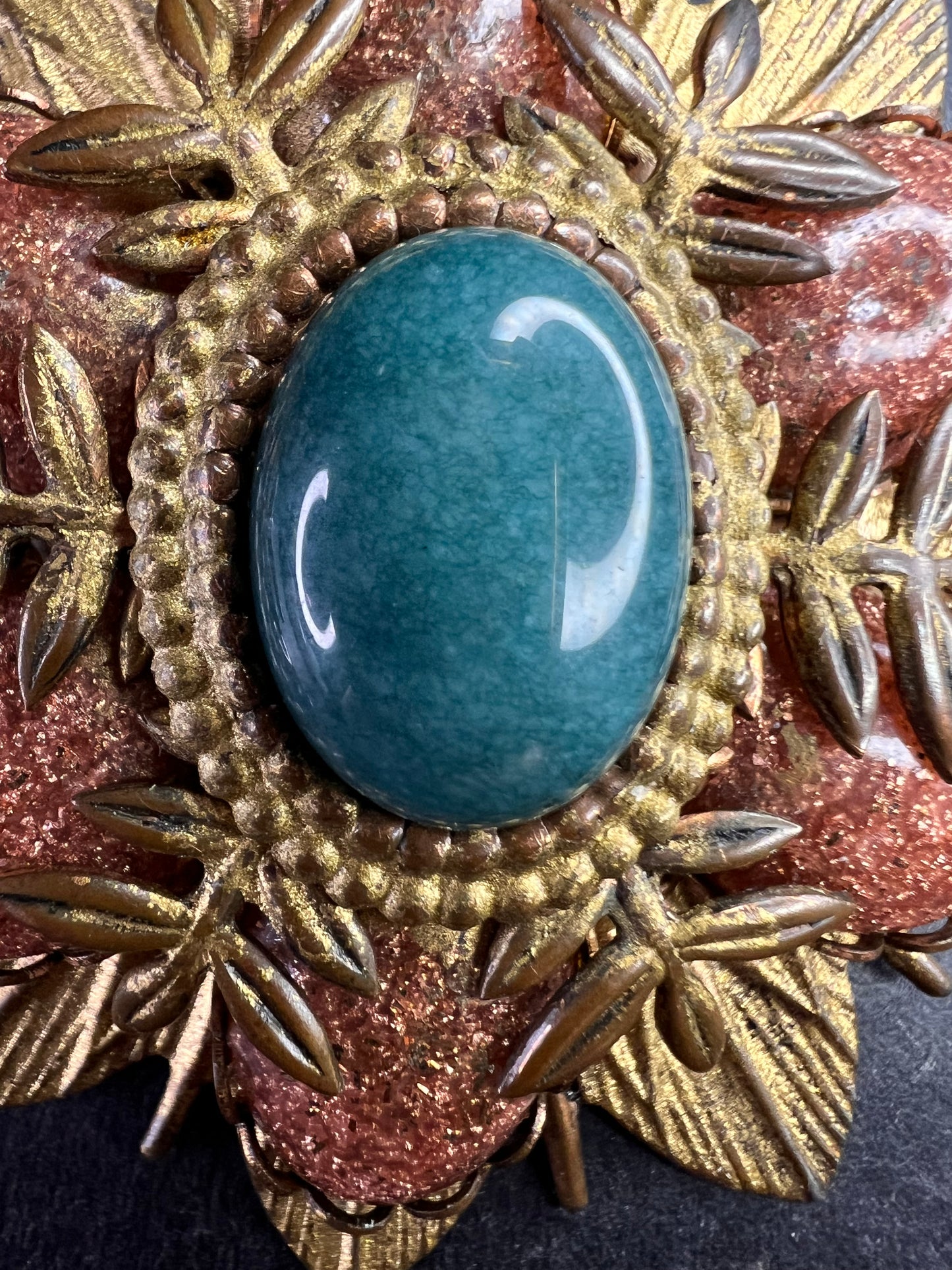 Vintage DeNicola Style Floral Brooch Gold Tone Faux Turquoise Glitter Cab