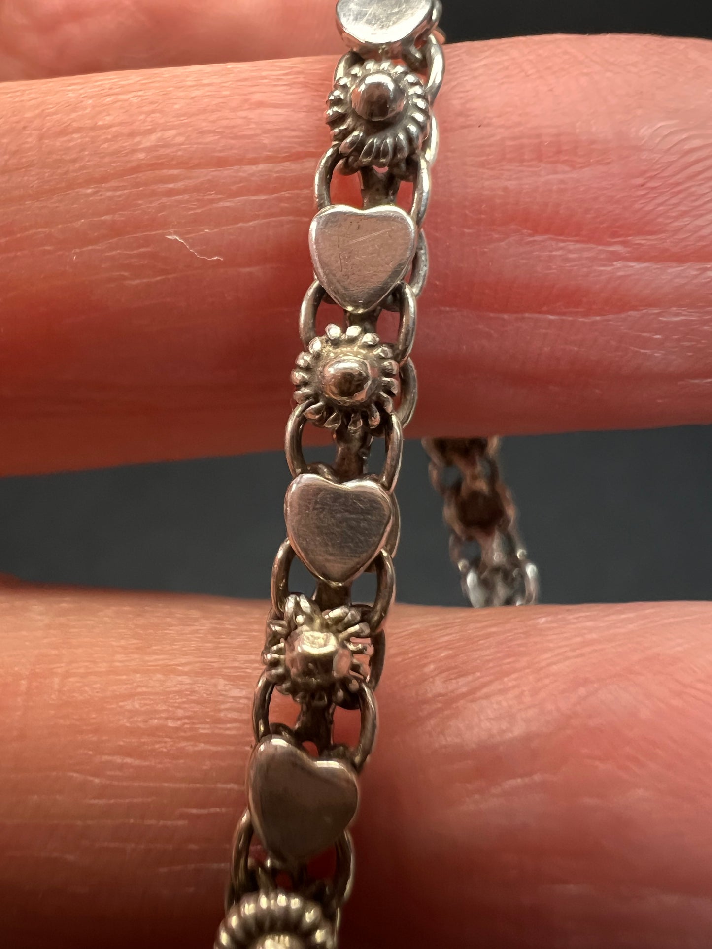 Vintage Cannetille and hearts sterling silver bracelet with charm