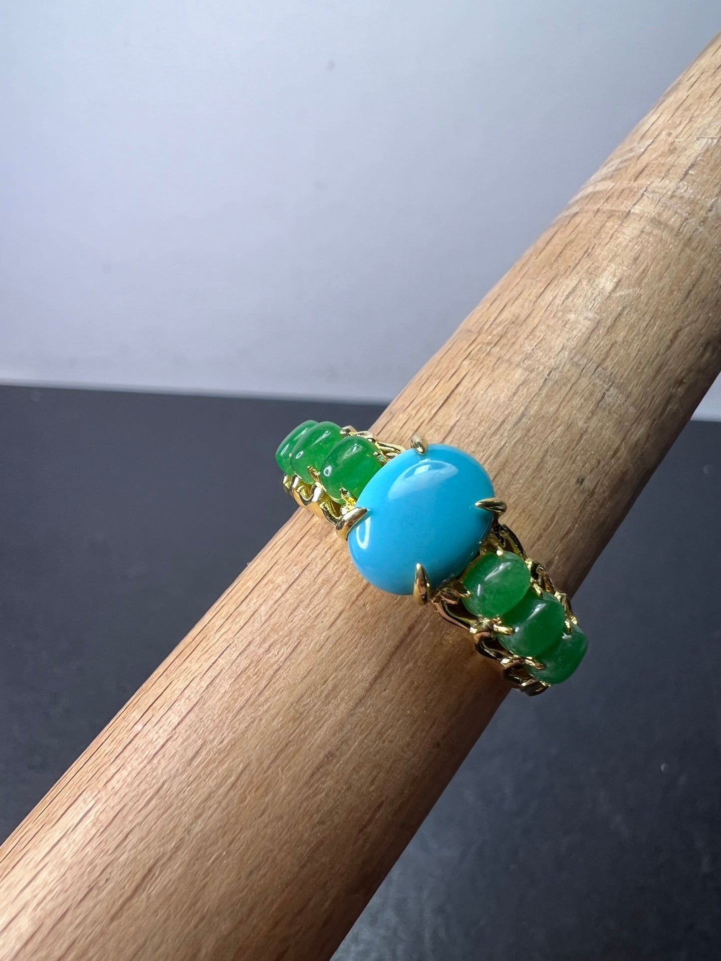 Sleeping Beauty turquoise and green jade 14k gold over silver ring size 9