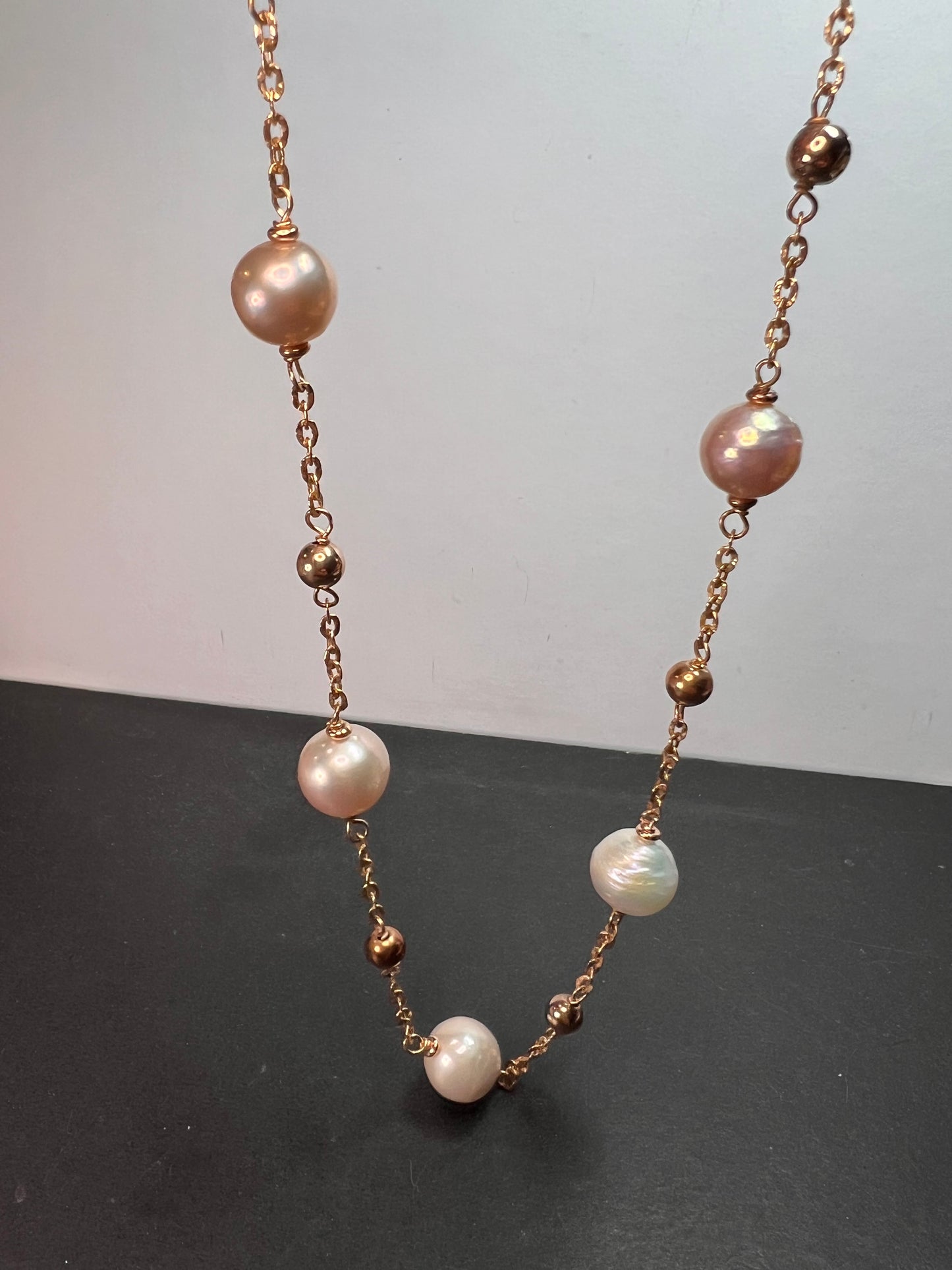 Cultured pearl station necklace in rose gold over bronze