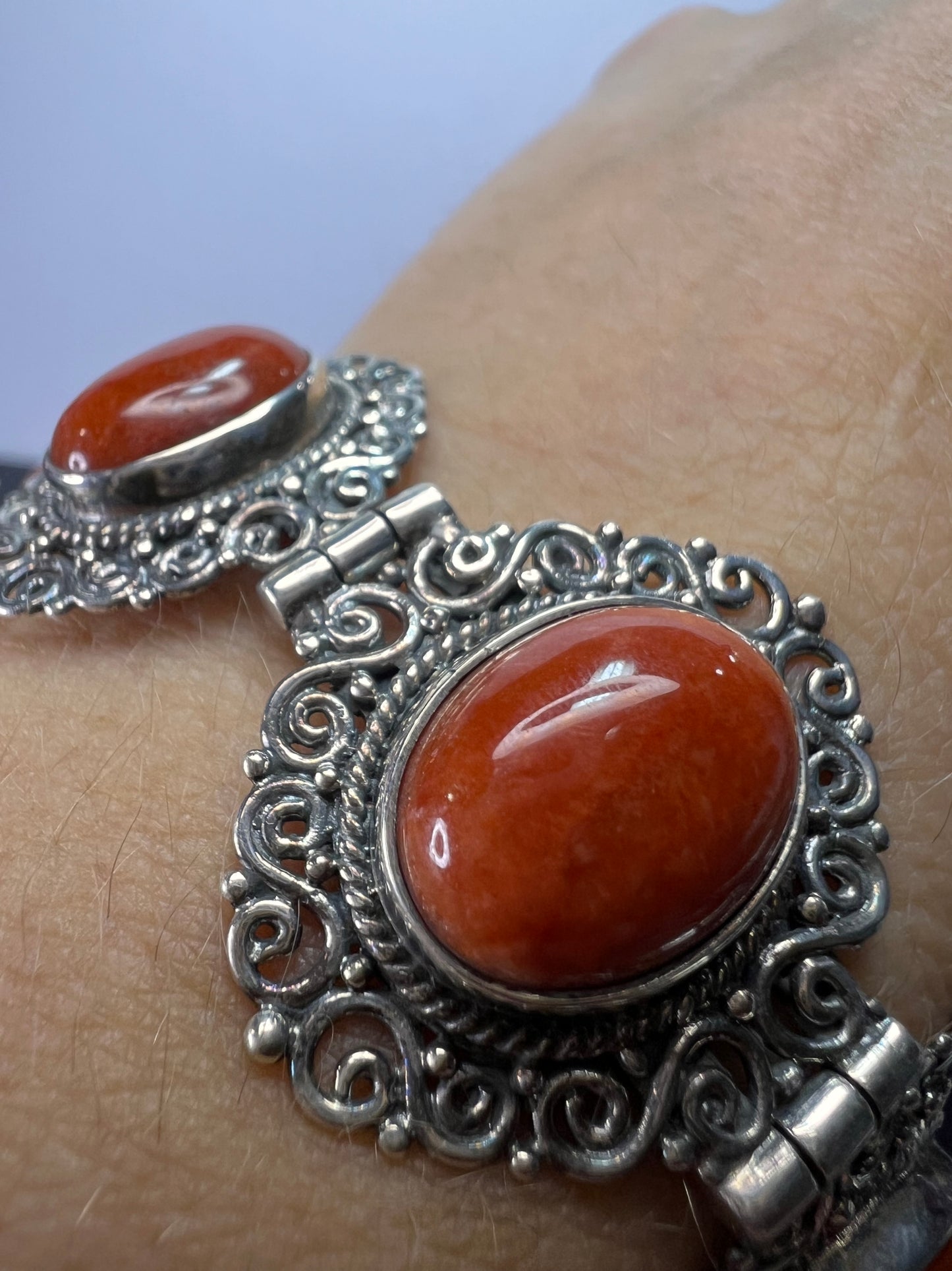 Red orange jade ornate sterling silver toggle bracelet