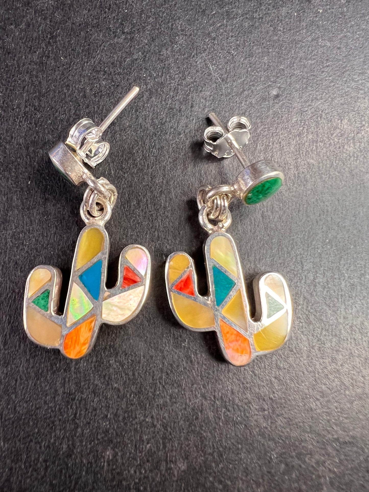 NEW Sterling Silver Peruvian Artistry Mosaic Cactus Earrings – Multi-Gemstone Inlay