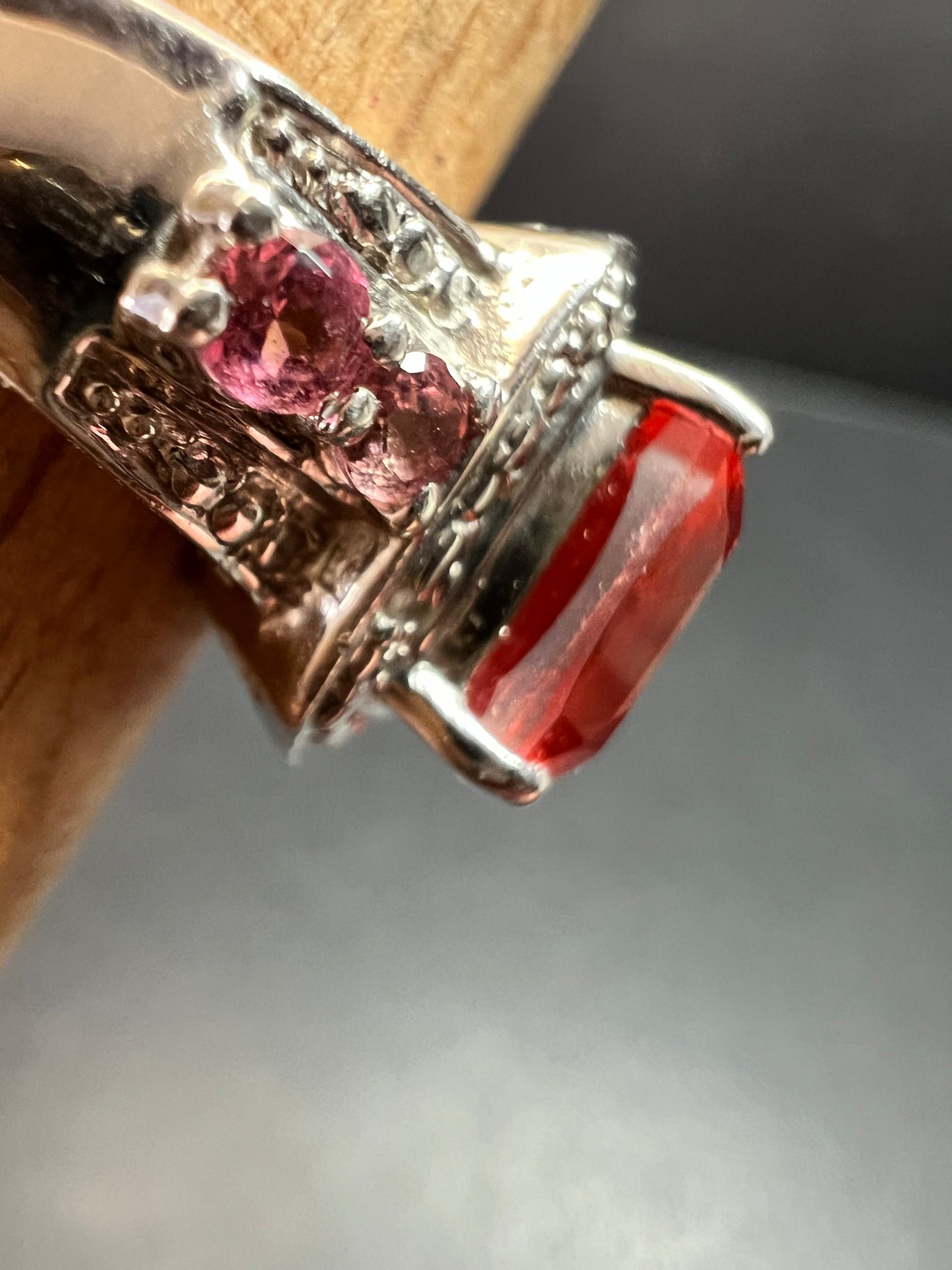 Sterling Silver Peach Red Quartz Doublet & Pink Tourmaline Ring 8.75