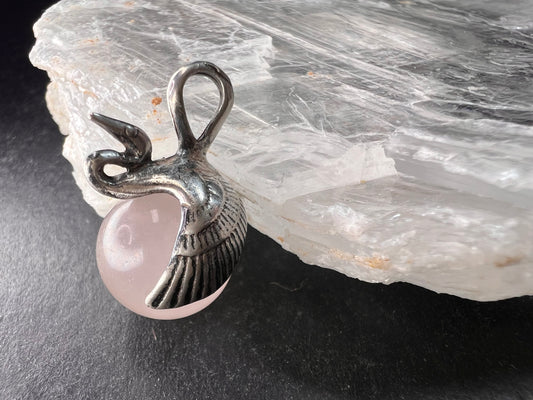 Vintage Sterling Silver Crane Bennu Rose Quartz Pendant | Dead Stock