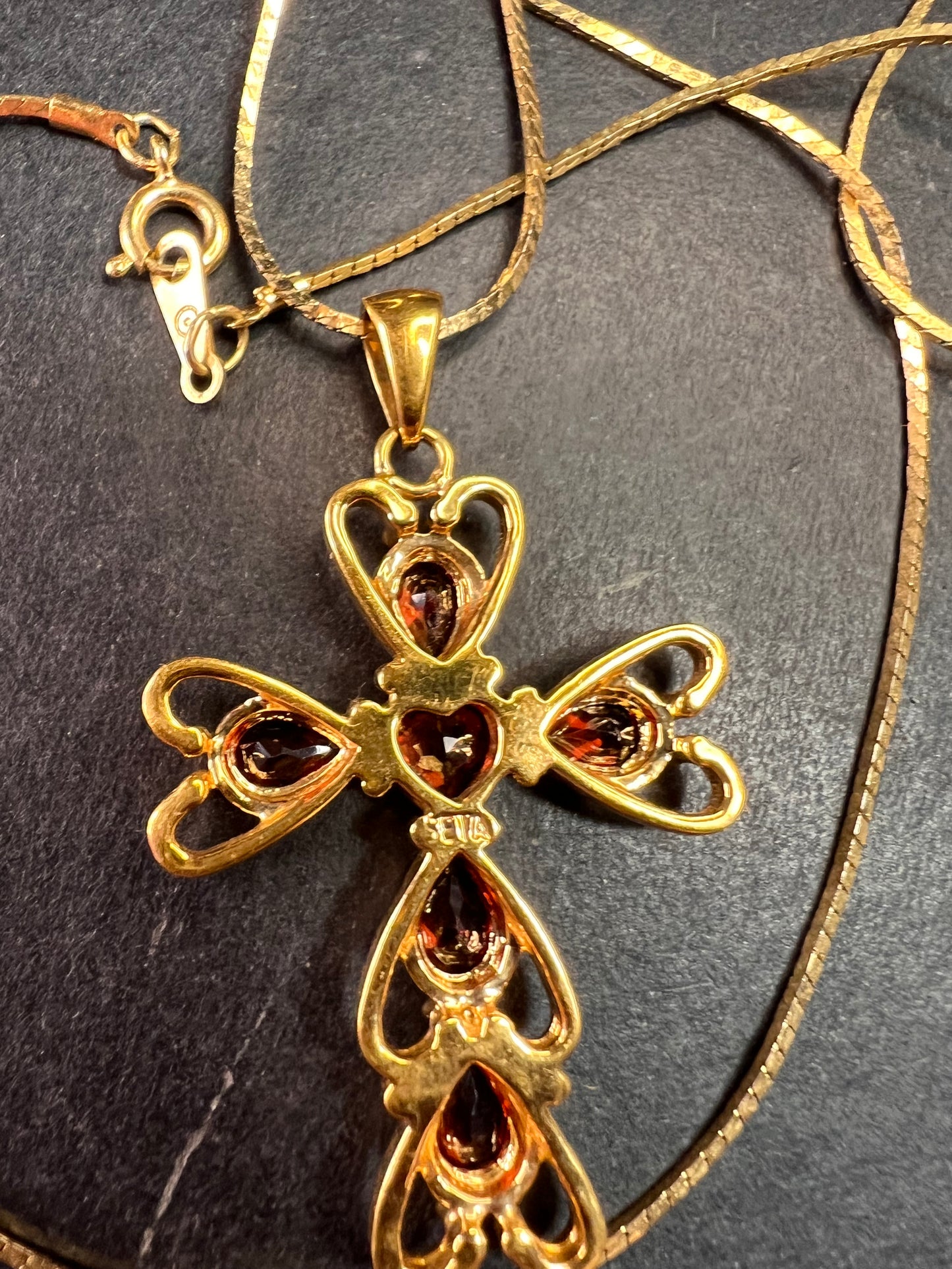 Vintage SETA Garnet Cross Pendant Necklace Gold Tone 24”