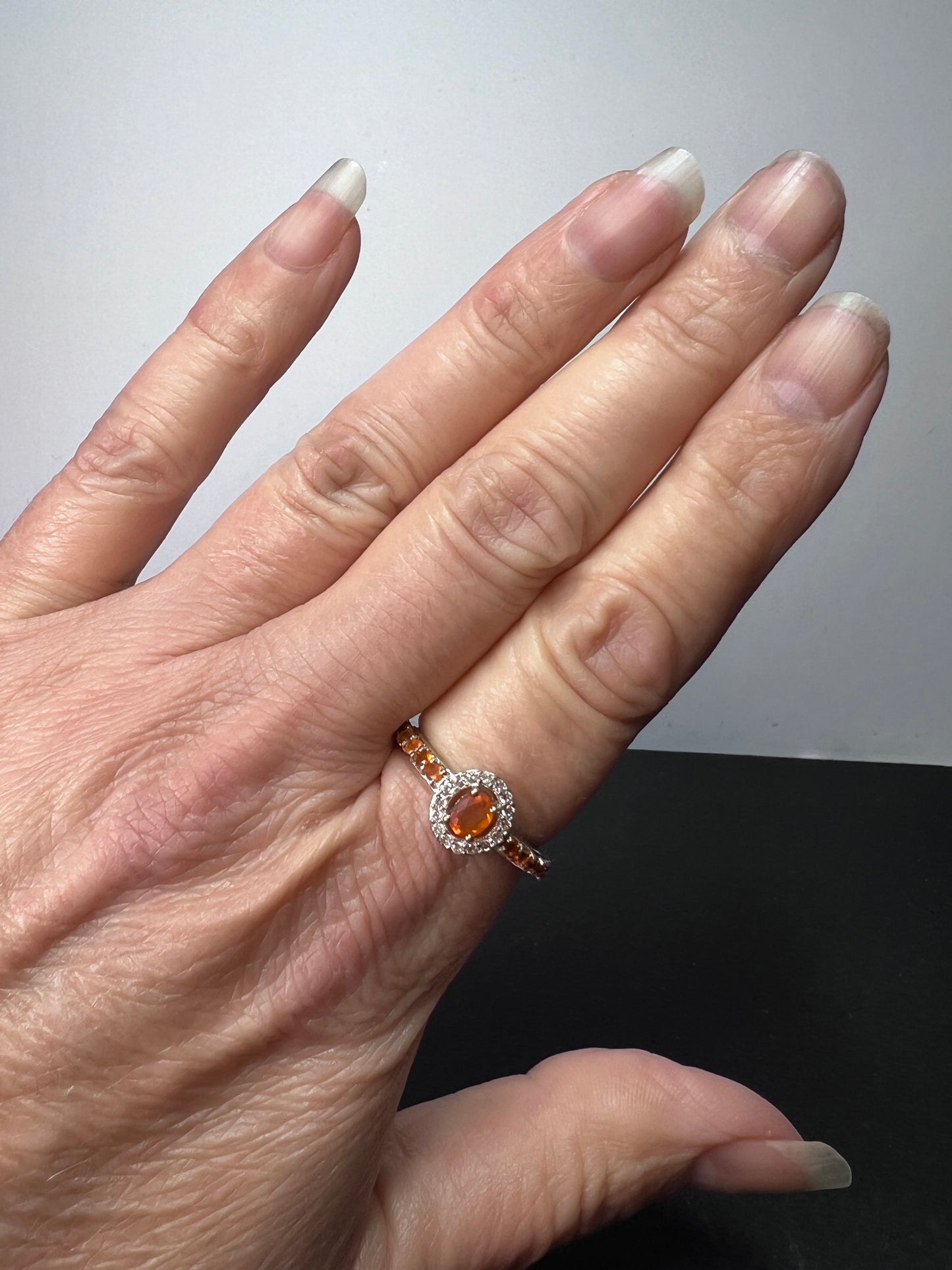 Mexican fire opal halo ring in sterling silver size 9