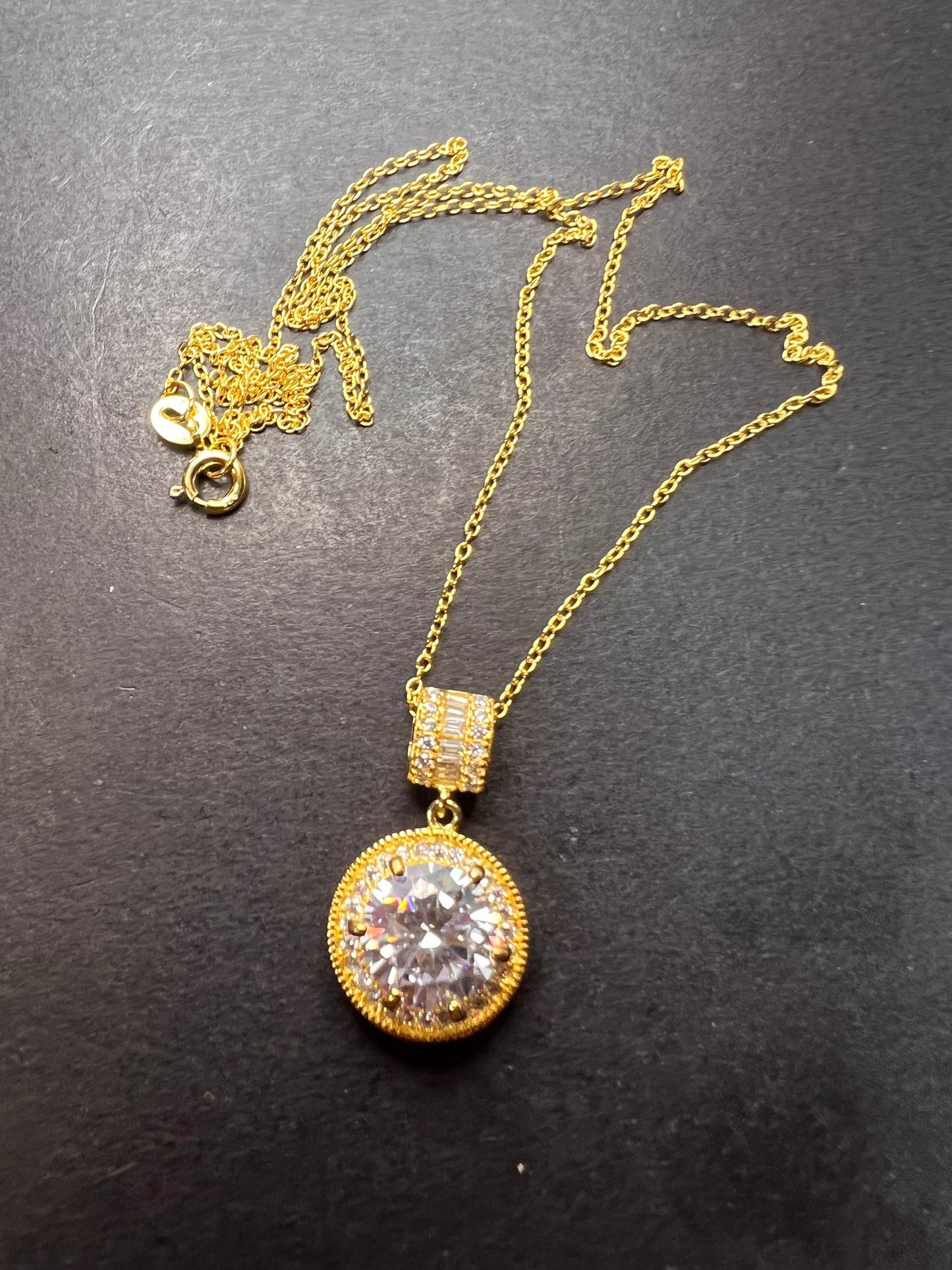 Signed FZN gold over Sterling CZ halo pendant and chain necklace