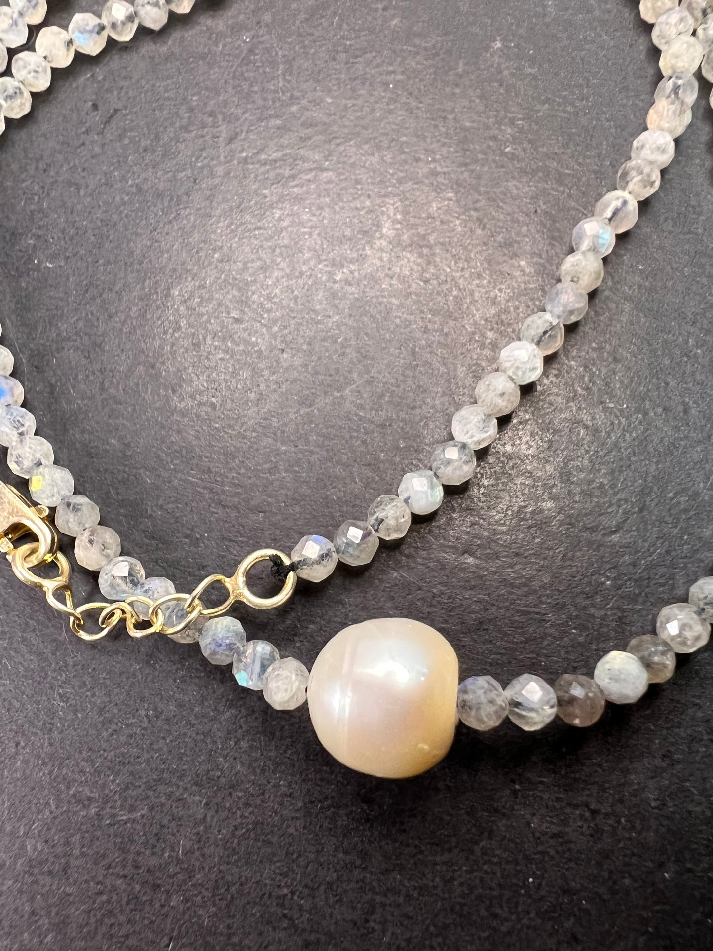 Labradorite and cultured pearl necklace with sterling silver lobster claw clasp