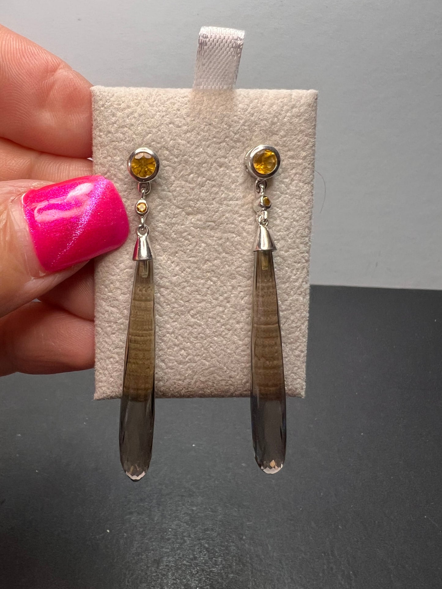 Smoky quartz and citrine sterling silver long dangle earrings