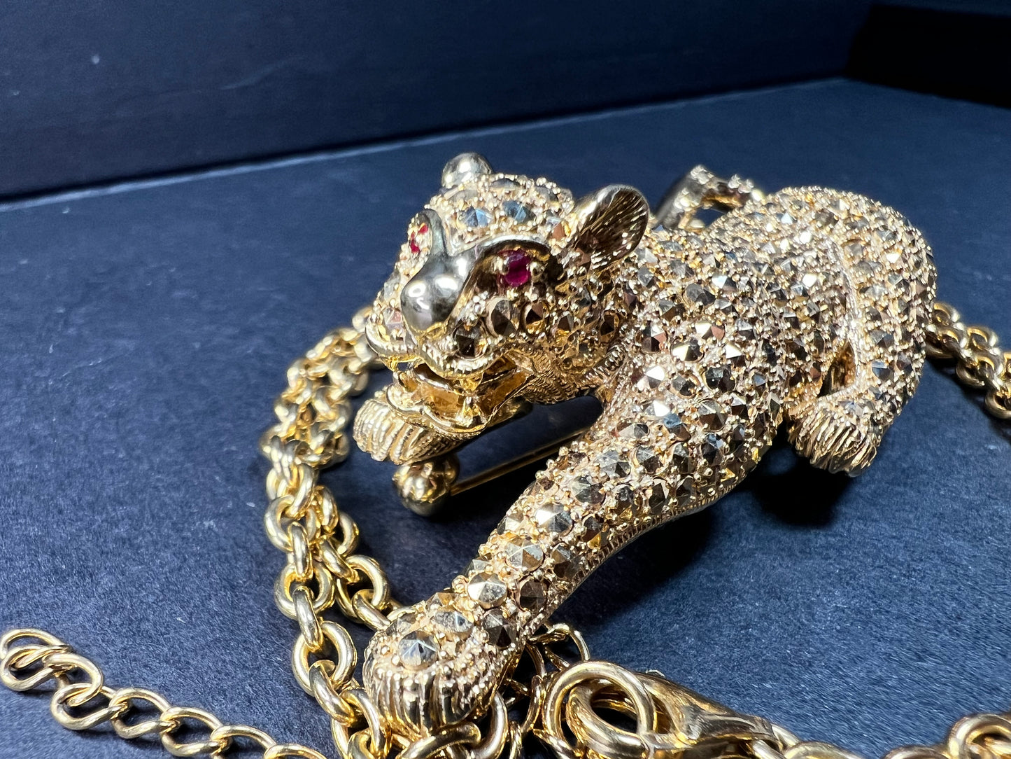 Dallas Prince 14K Clad Marcasite Panther Necklace Ruby Eyes 18-20