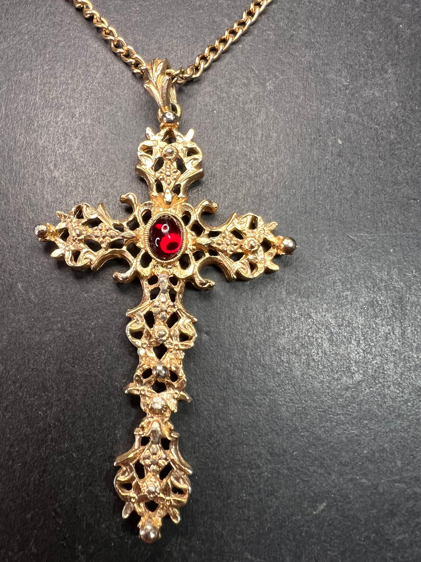 Vintage Avon Red Cabochon Filigree Cross Necklace 24”