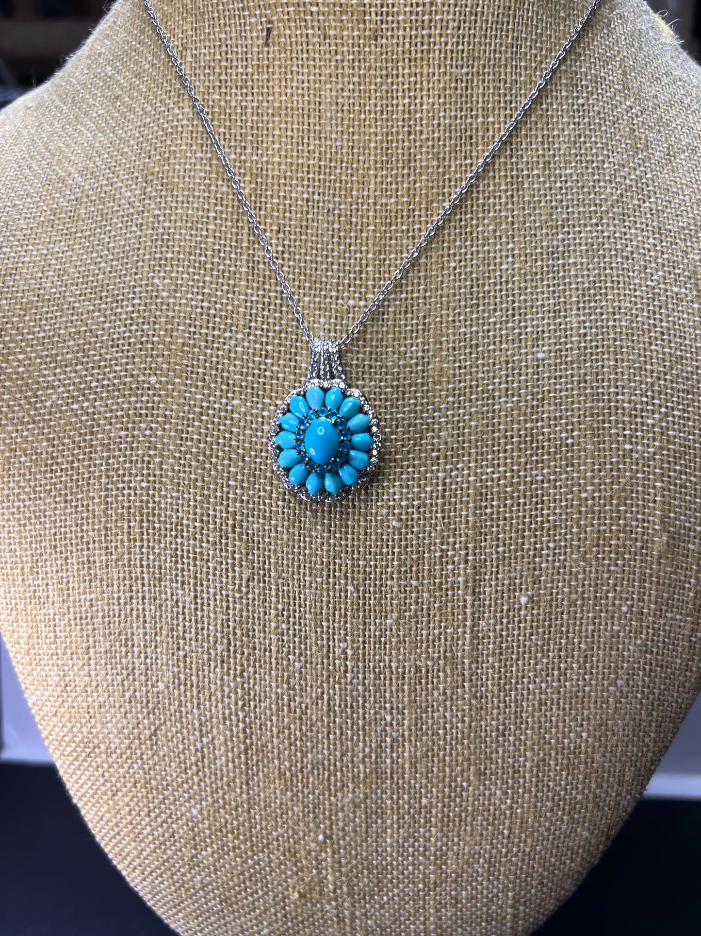 Turquoise and neon blue apatite halo sterling silver necklace with chain