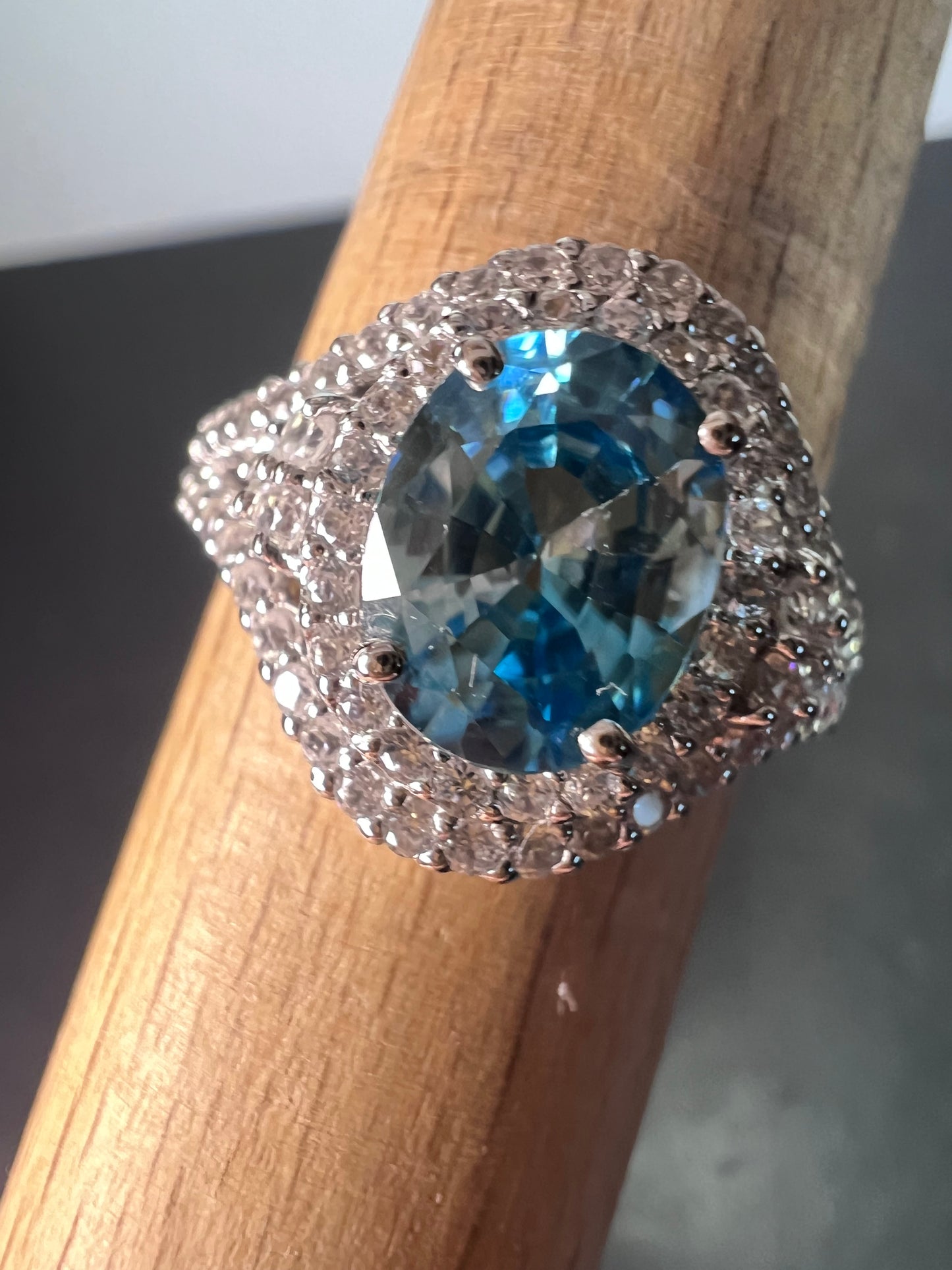 10k white gold blue topaz and white zircon double halo ring size 9