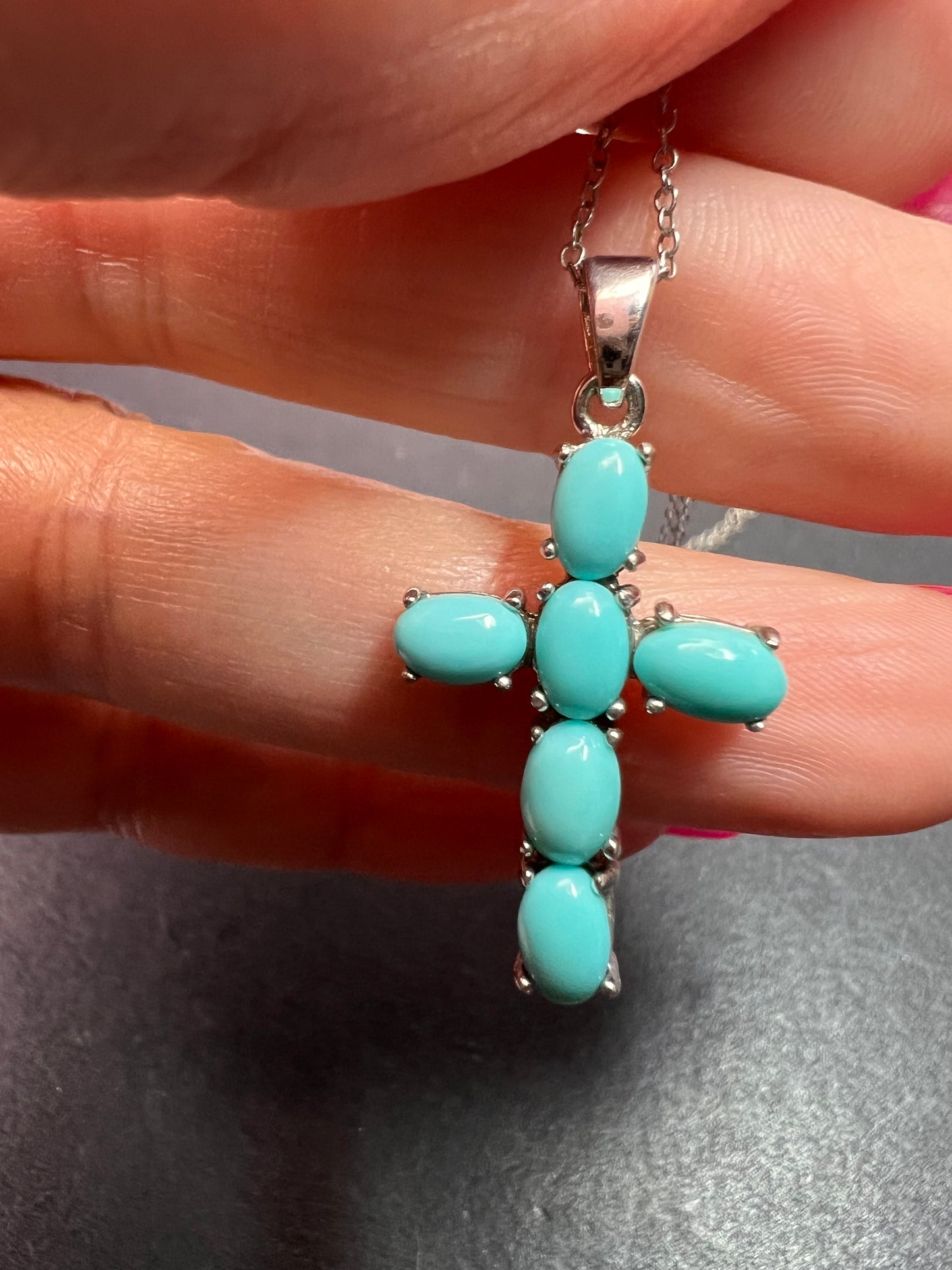 Sleeping Beauty turquoise cross pendant and chain  in rhodium over sterling silver necklace