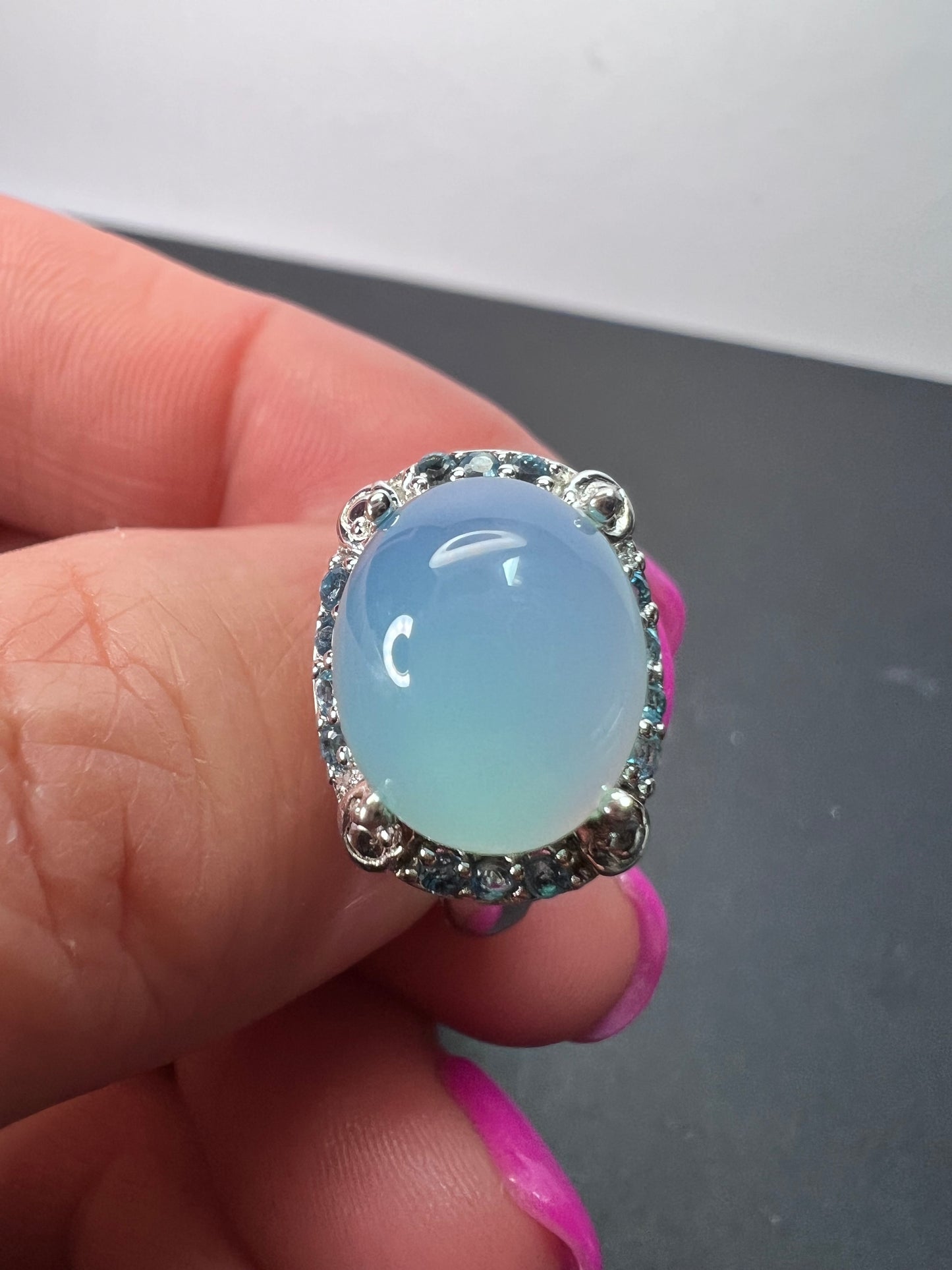 Aqua blue chalcedony blue topaz sterling silver halo ring size 7