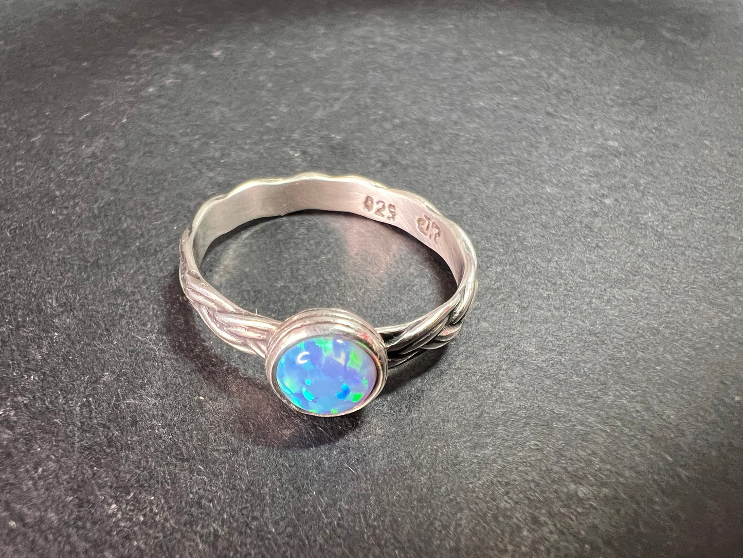 Sterling Silver Braided Band Ring with Lab Opal – Size 9