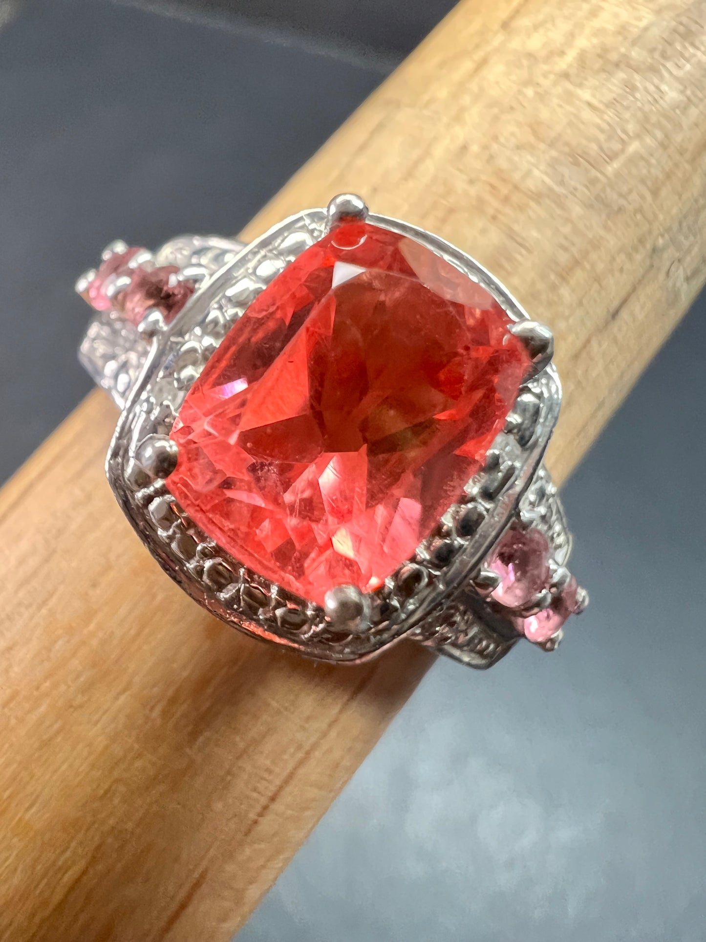 Sterling Silver Peach Red Quartz Doublet & Pink Tourmaline Ring 8.75