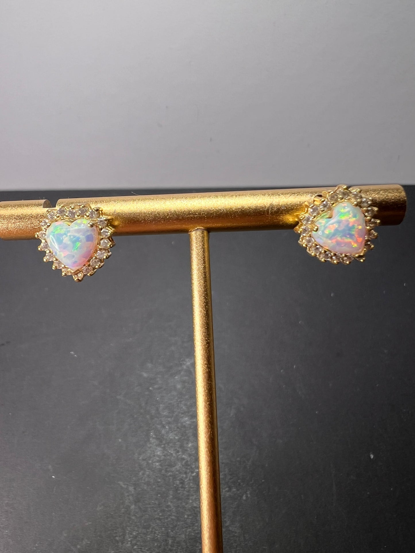 Lab opal heart halo gold over sterling stud earrings