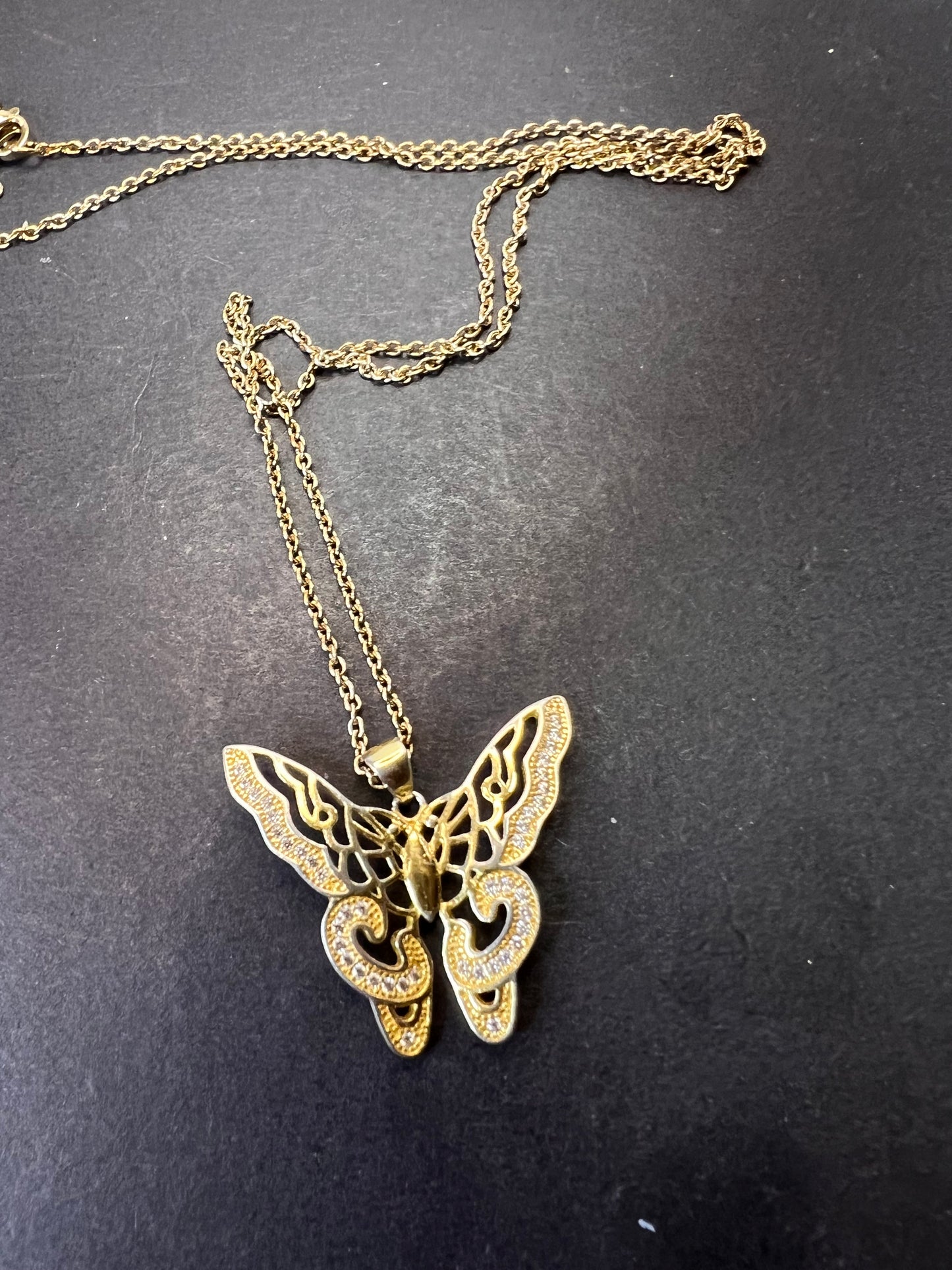 Butterfly CZ gold over sterling silver pendant and chain necklace