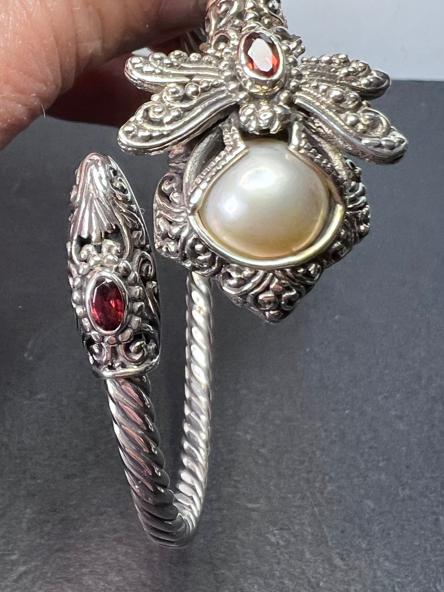 Sarda designer dragonfly, pearl and garnet sterling silver cuff bracelet