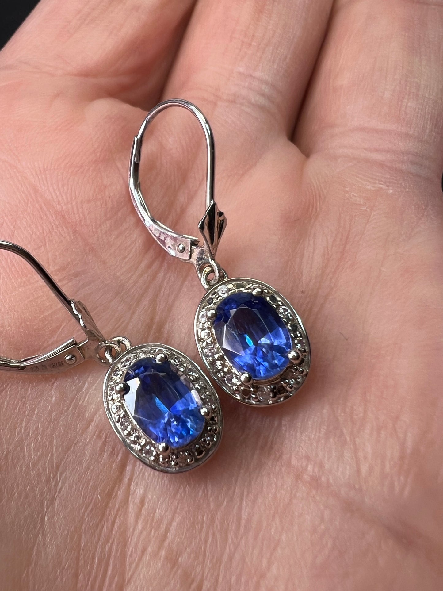 Blue kyanite sterling silver  lever back halo earrings