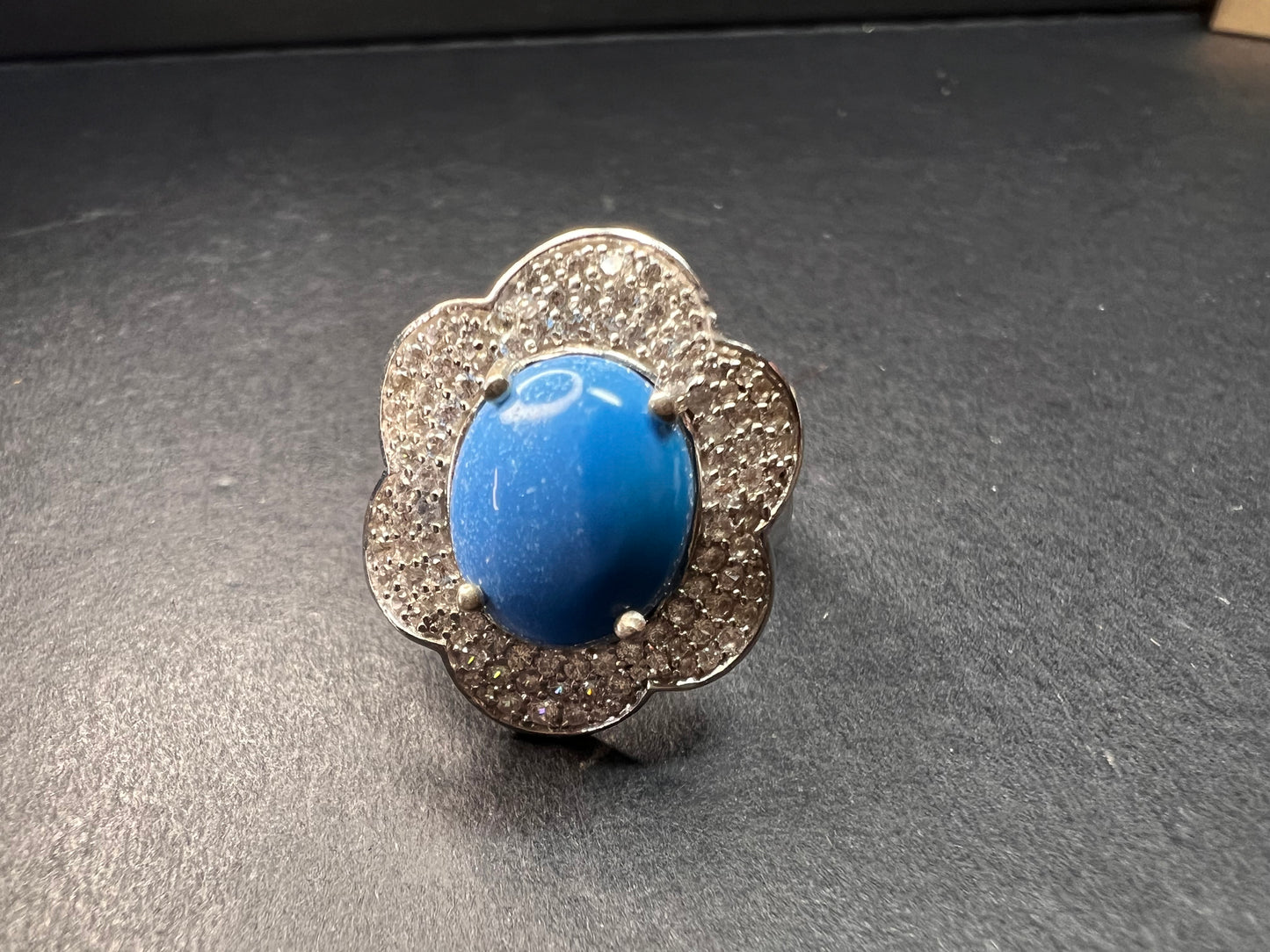 NEW Ceruleite and zircon blossom ring in rhodium over sterling silver size 8