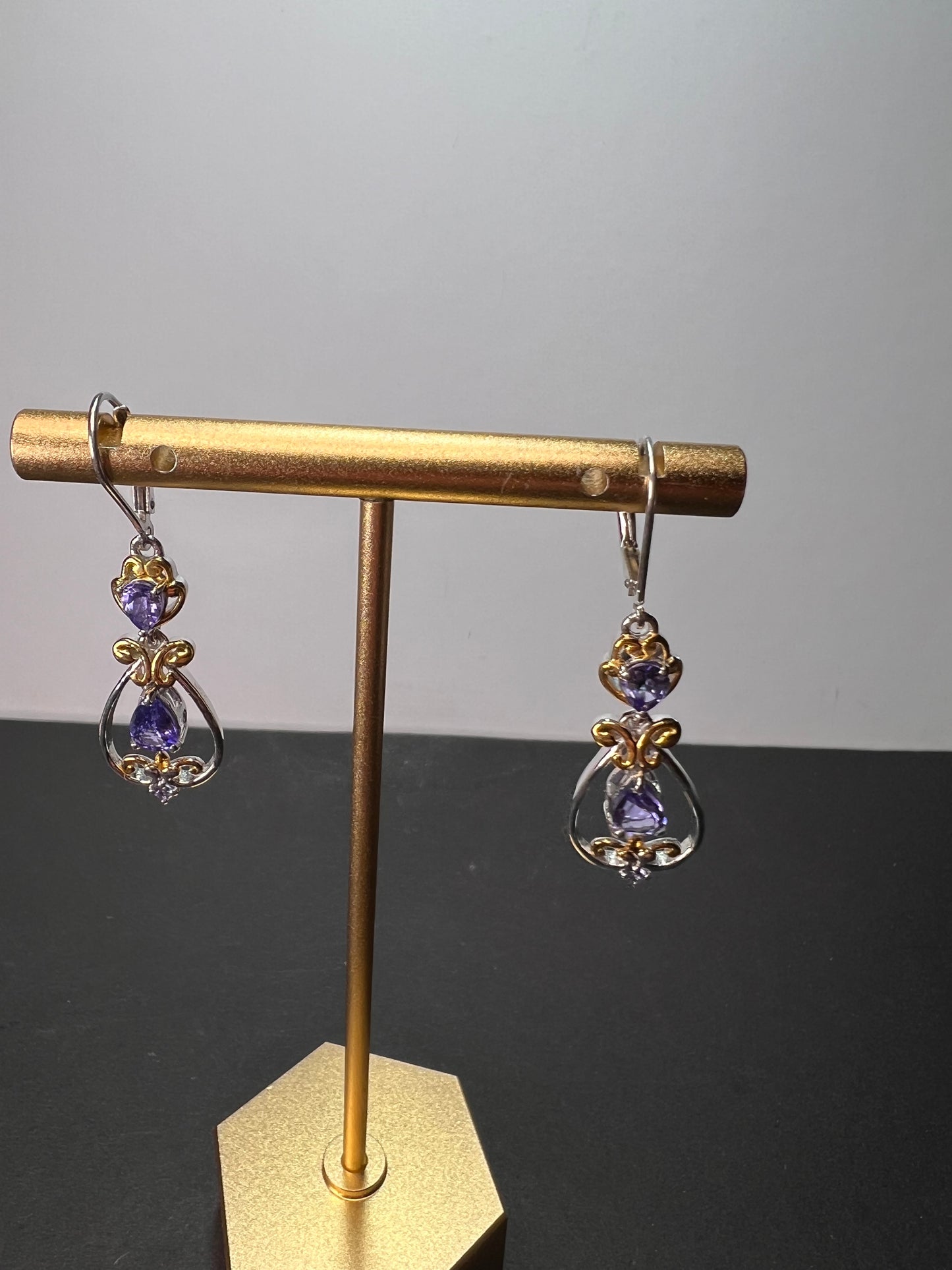 Blue tanzanite two toned sterling silver chandelier lever back earrings