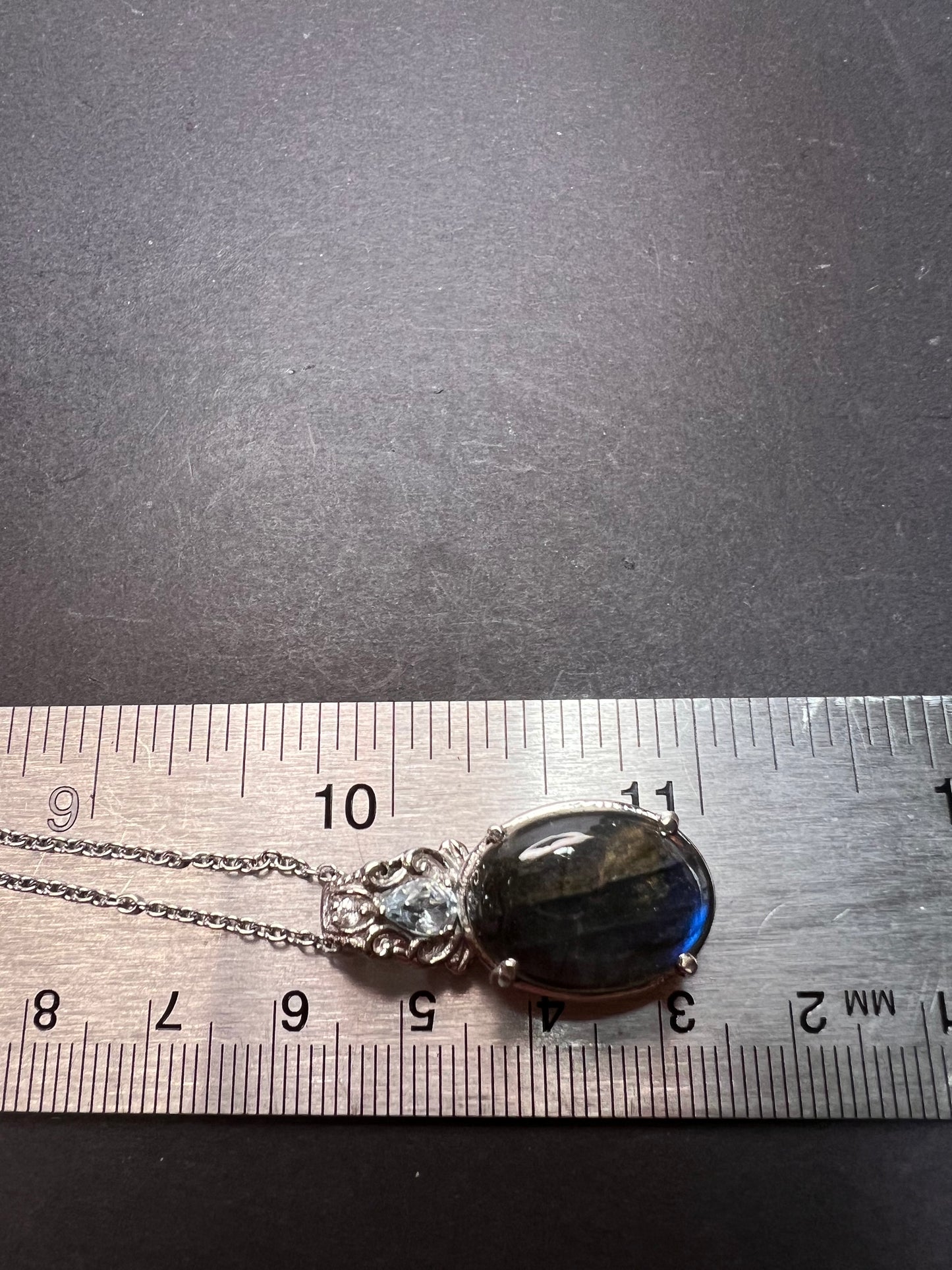 Malagasy labradorite and sky blue topaz pendant and chain necklace in stainless steel *NEW*