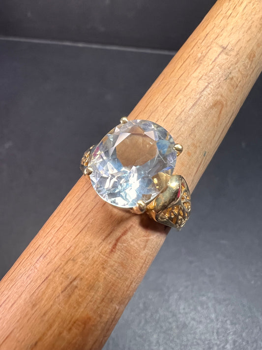 Vintage 14K Gold Aquamarine Solitaire Ring Filigree Statement Size 7