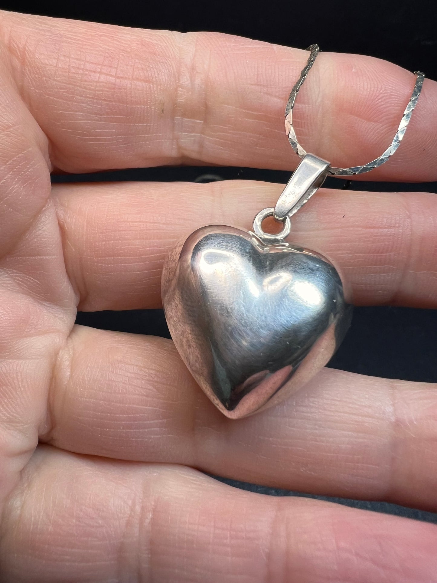 Vintage Sterling Puffy Heart Harmony Pendant on 20” Diamond-Cut Chain