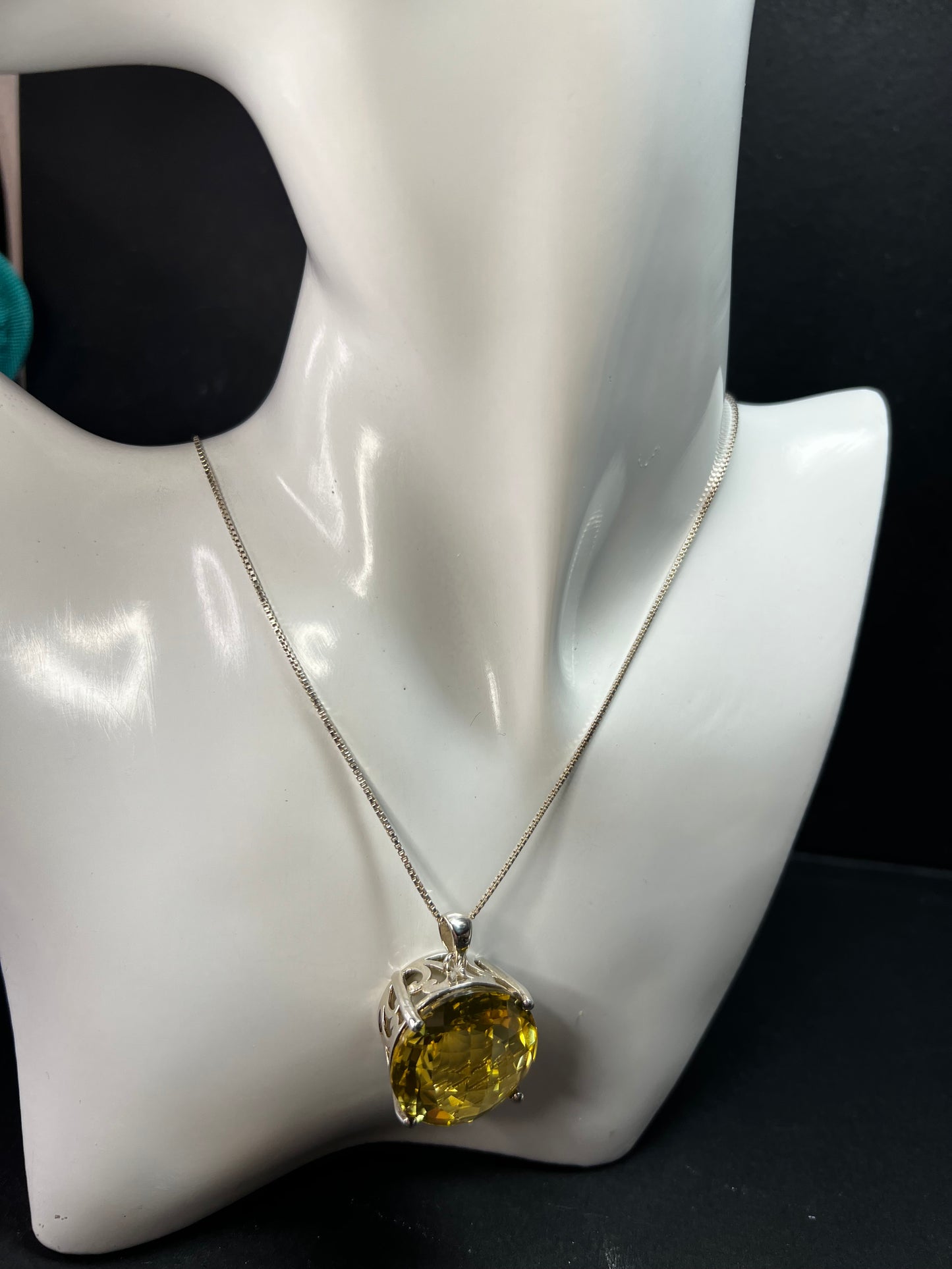 Huge Lemon Quartz Sterling Silver Statement Pendant Necklace 18” Chain