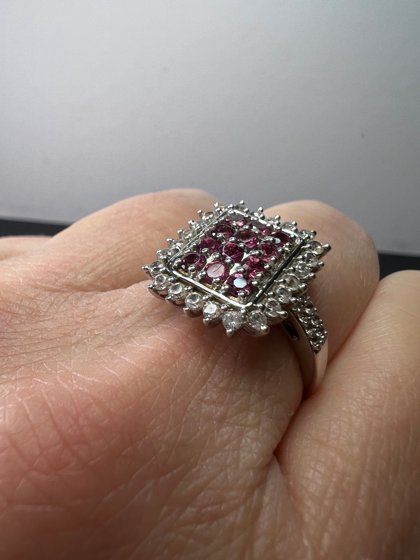 Pink tourmaline and white topaz sterling silver cluster ring size 9