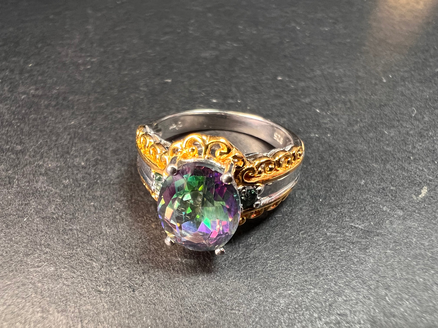 NEW green mystic topaz two toned sterling silver ring size 8