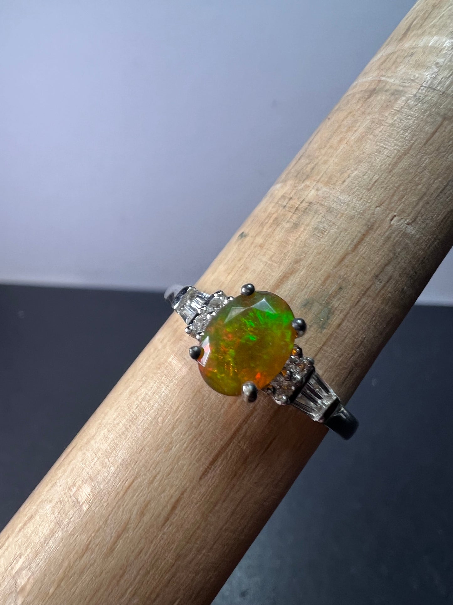 Ethiopian opal and white topaz sterling silver ring size 9