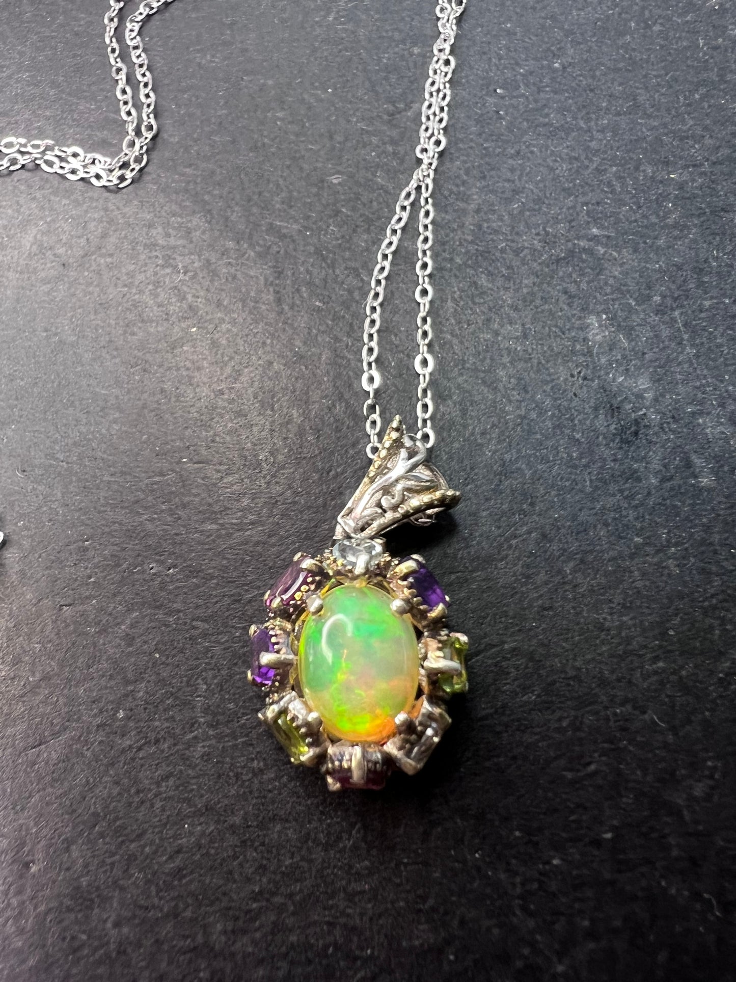 Ethiopian opal multi stone sterling silver halo pendant necklace