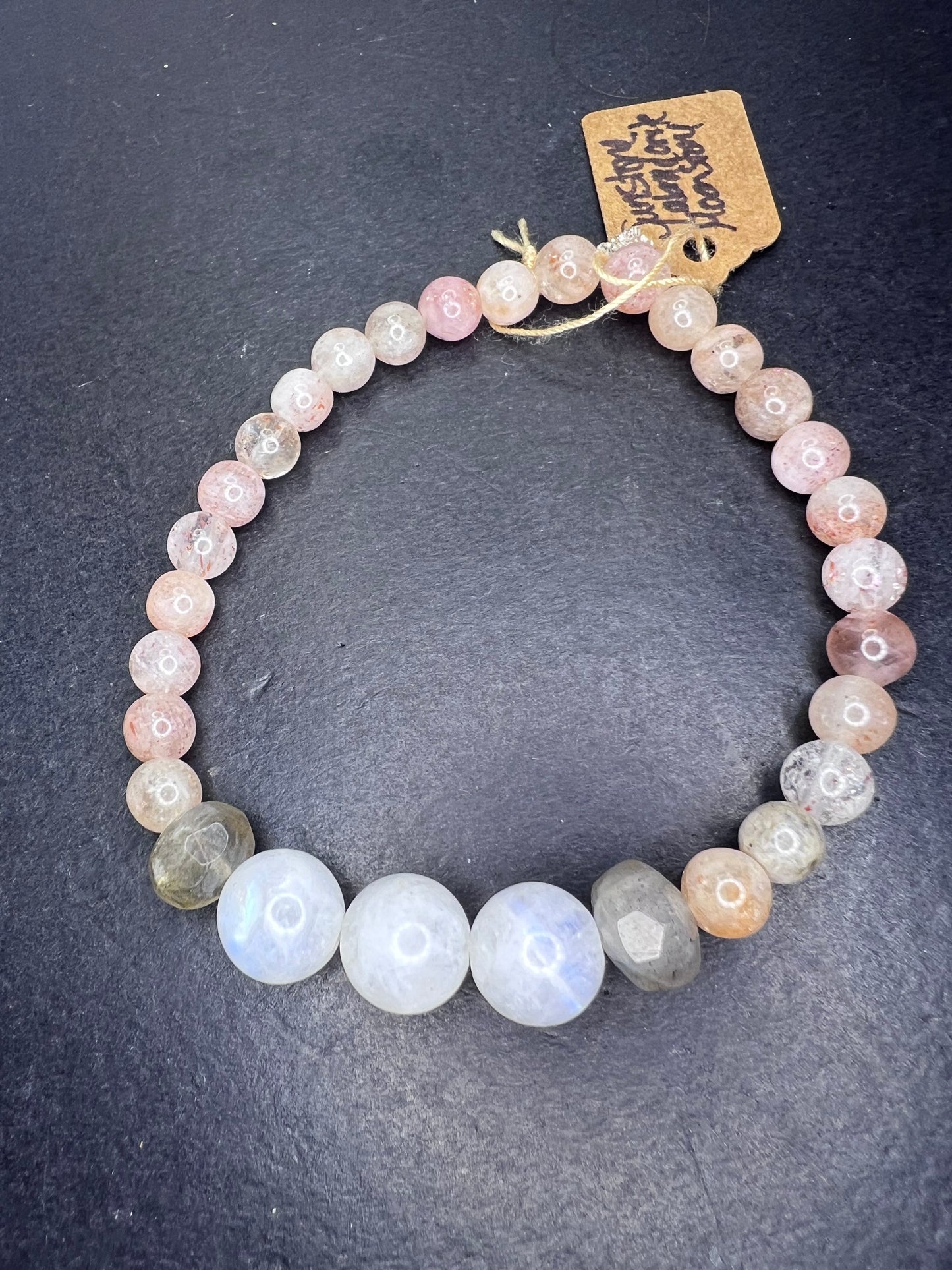 Sunstone , rainbow moonstone, and labradorite stretch bracelet 7 inch