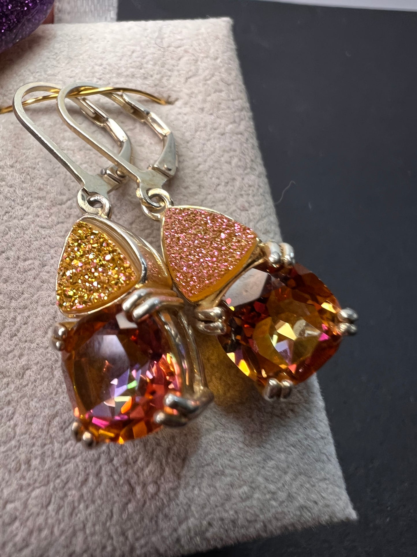 Orange mystic quartz gemstone and druzy sterling silver earrings