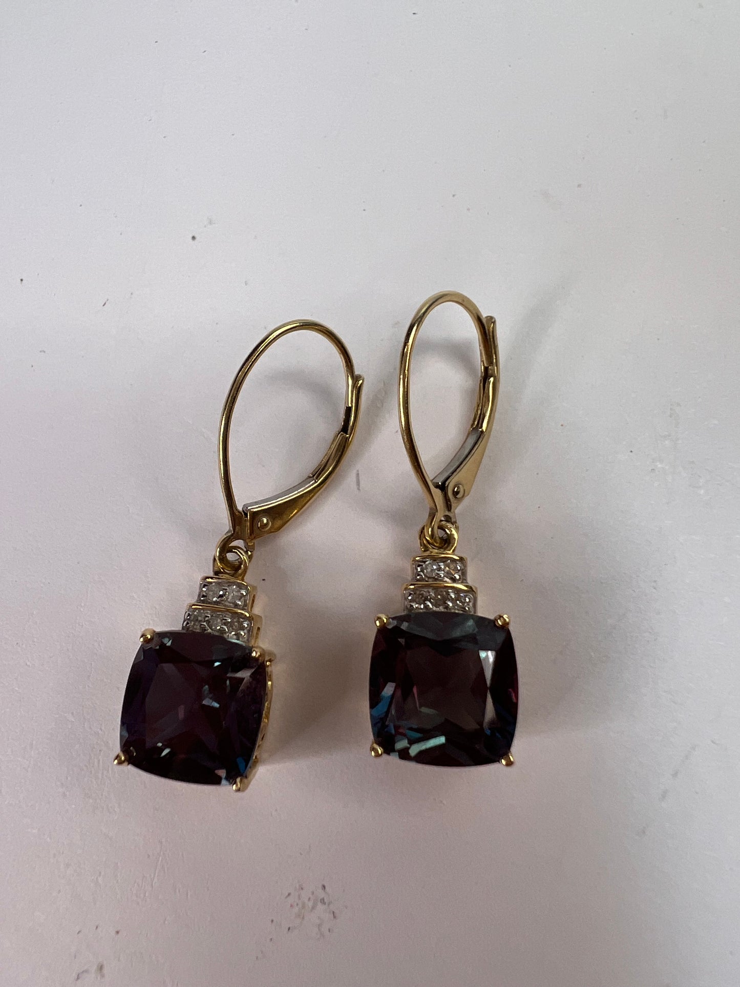 10k gold Lab alexandrite and diamond lever back earrings