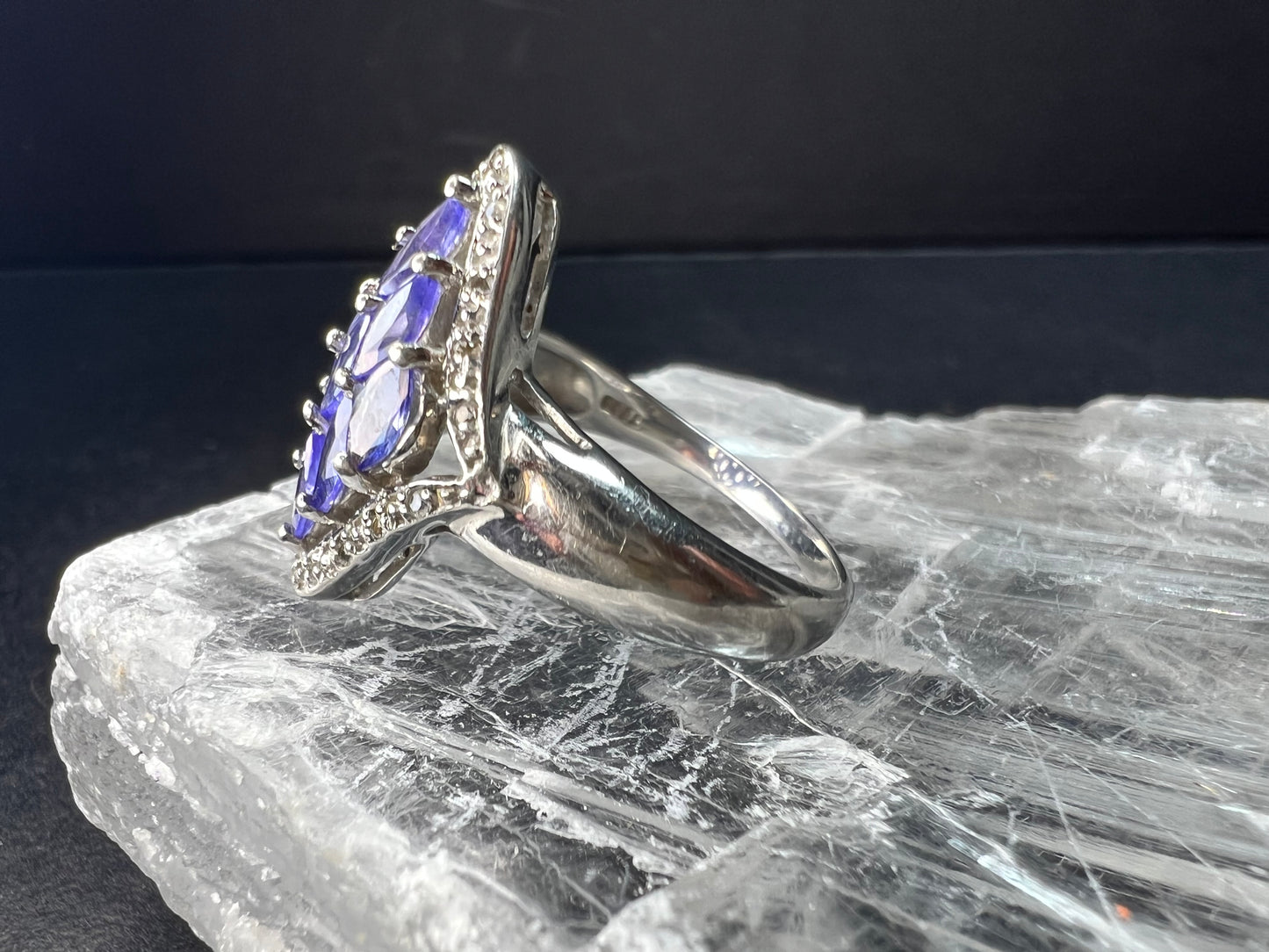 Vintage Tanzanite Diamond Sterling Silver Marquise Ring Size 9