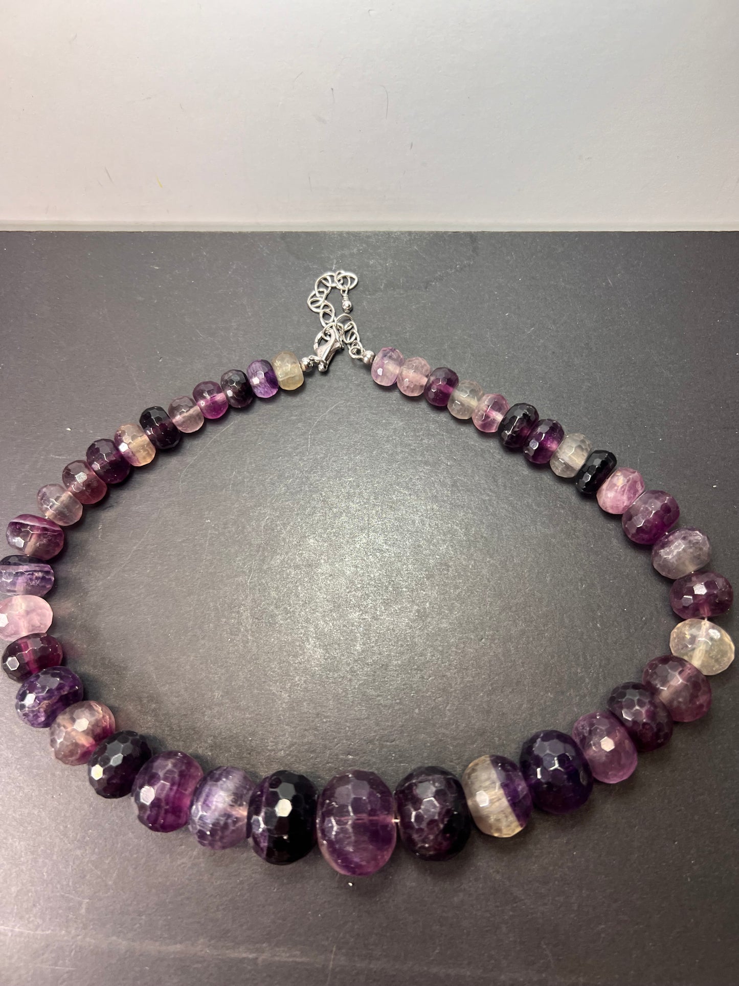 Rainbow and purple fluorite faceted beaded statement necklace with 925 lobster clasp