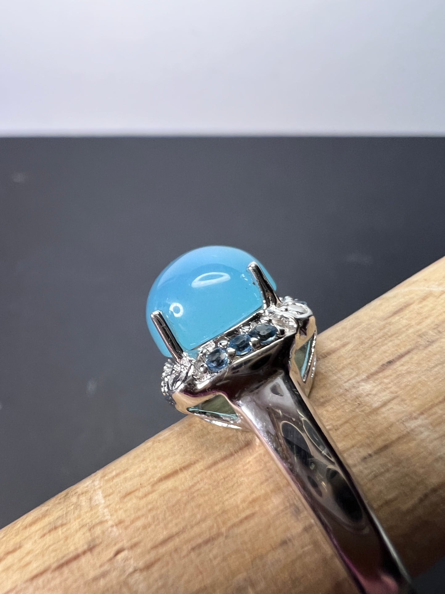 Aqua blue chalcedony blue topaz sterling silver halo ring size 7