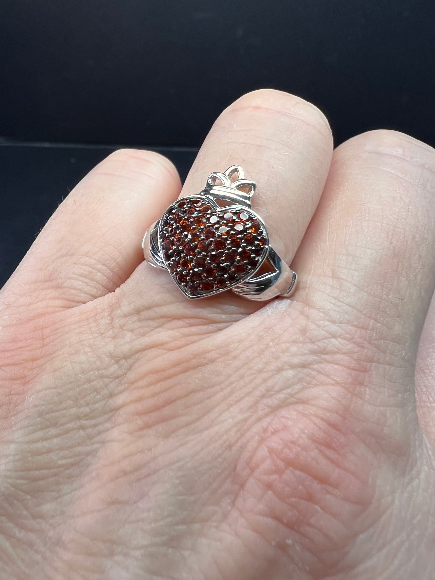 NEW Garnet claddagh ring in rhodium over sterling silver size 7
