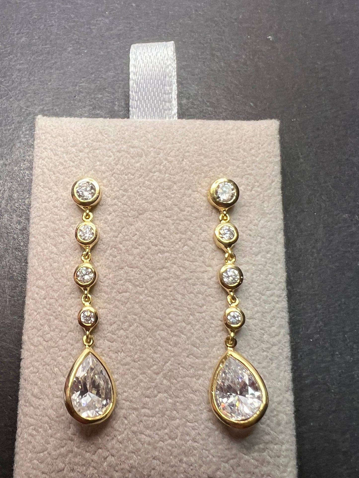 Long teardrop CZ earrings in gold over sterling silver