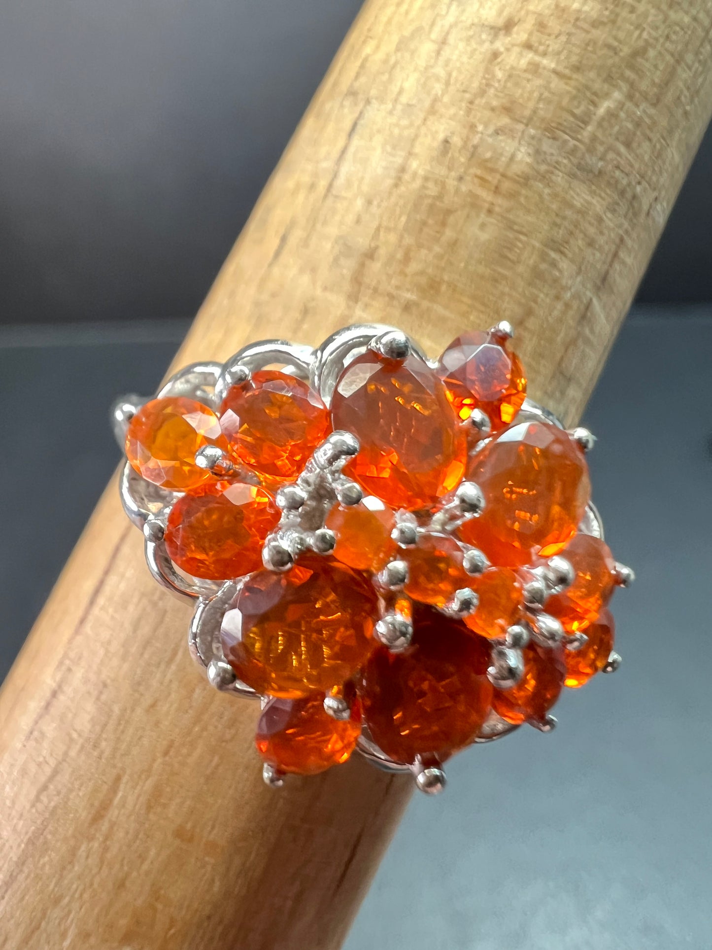 Vintage Sterling Silver Mexican Fire Opal Floral Cluster Ring Sz 9