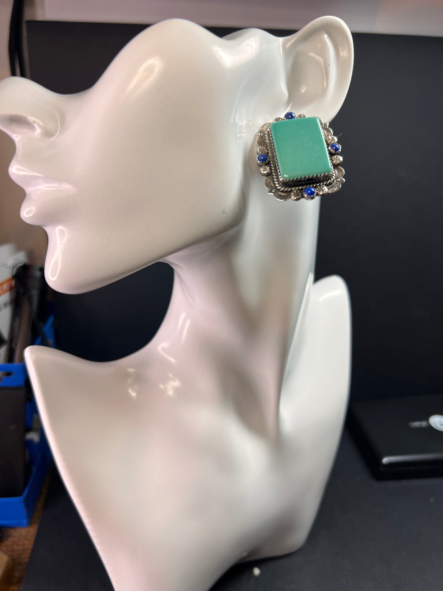 Signed Vintage Dead Stock Bernyse Chavez Sterling Turquoise Lapis Earrings