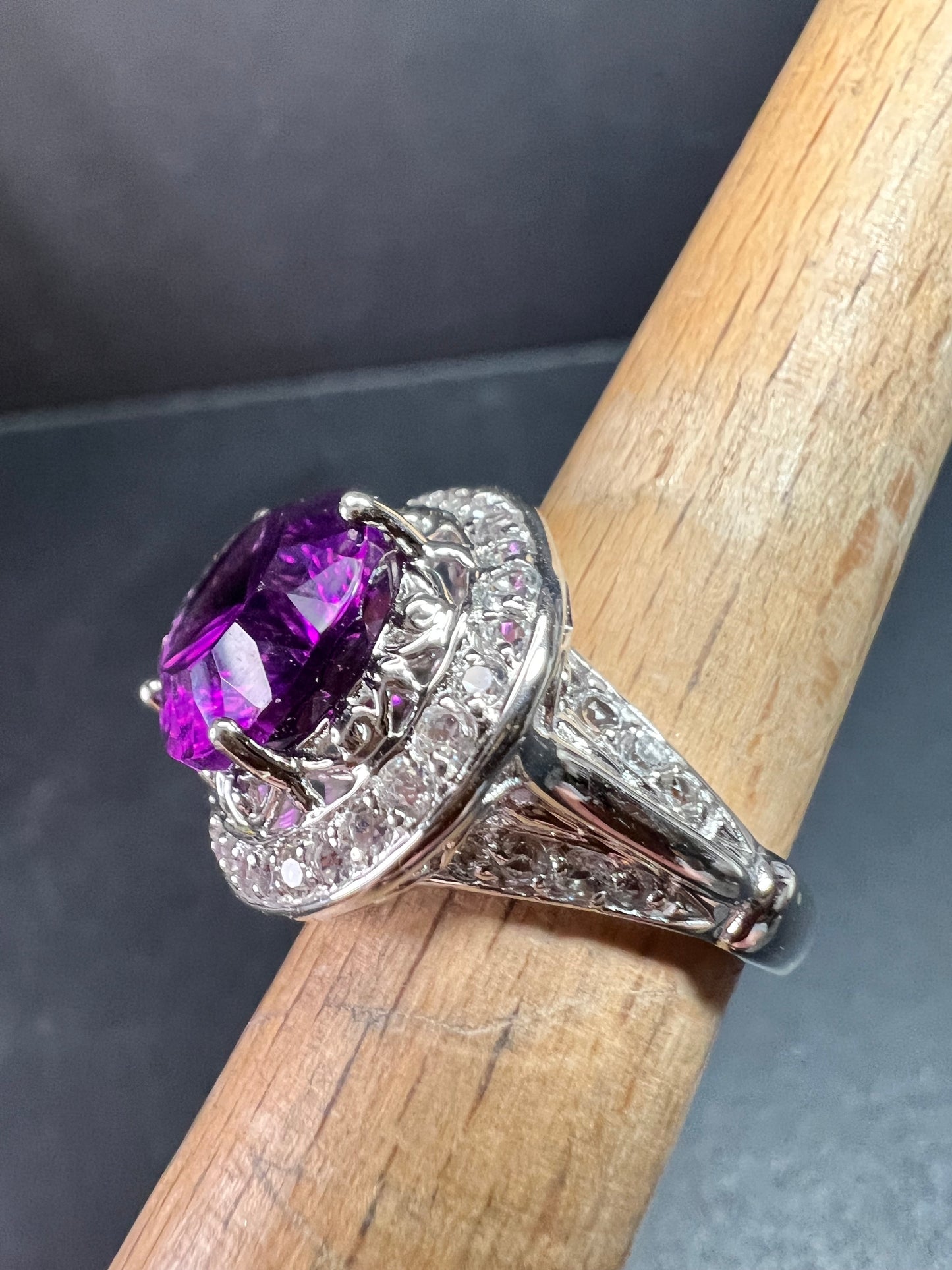 Sterling Silver Purple Fluorite & White Topaz Halo Ring Size 6